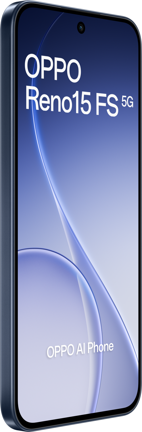 Teléfono OPPO Reno15 FS 5G azul oscuro con texto "OPPO AI Phone".
