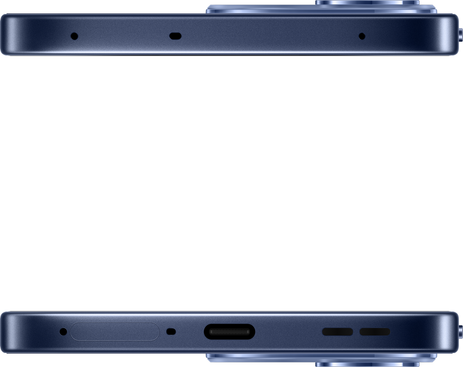 Primer plano de un smartphone azul: borde superior con entradas de micrófono, borde inferior con puerto de carga.