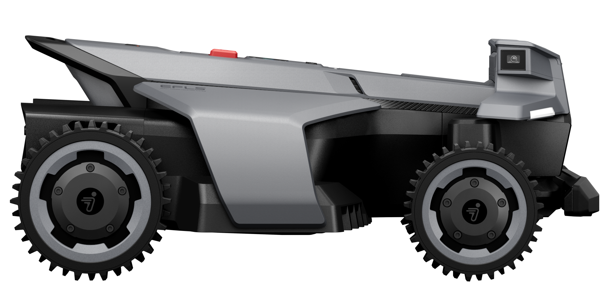 Egy szürke robotfűnyíró fekete kerekekkel és egy kamerával a tetején.