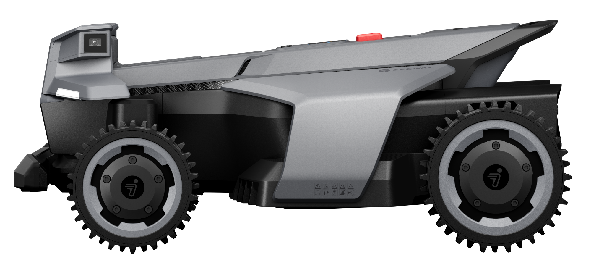 Szürke robotfűnyíró kamerával és nagy kerekekkel fekete háttéren.