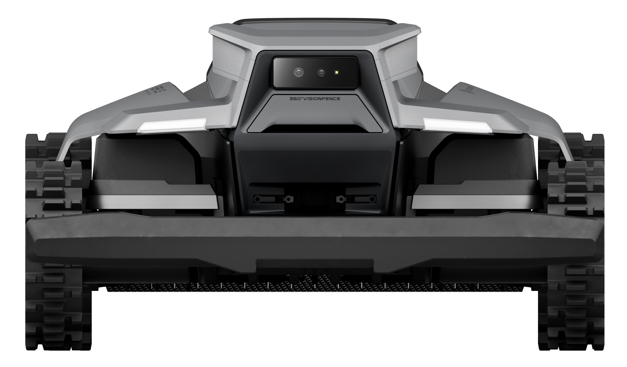 Egy szürke robotfűnyíró lánctalppal és 360 fokos kamerával.