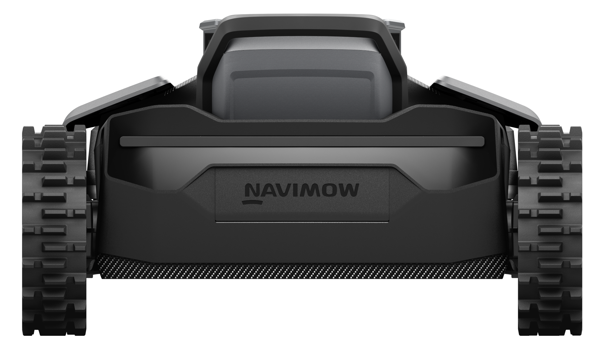 Fekete robotfűnyíró lánctalpakkal és "NAVI MOW" logóval elöl.