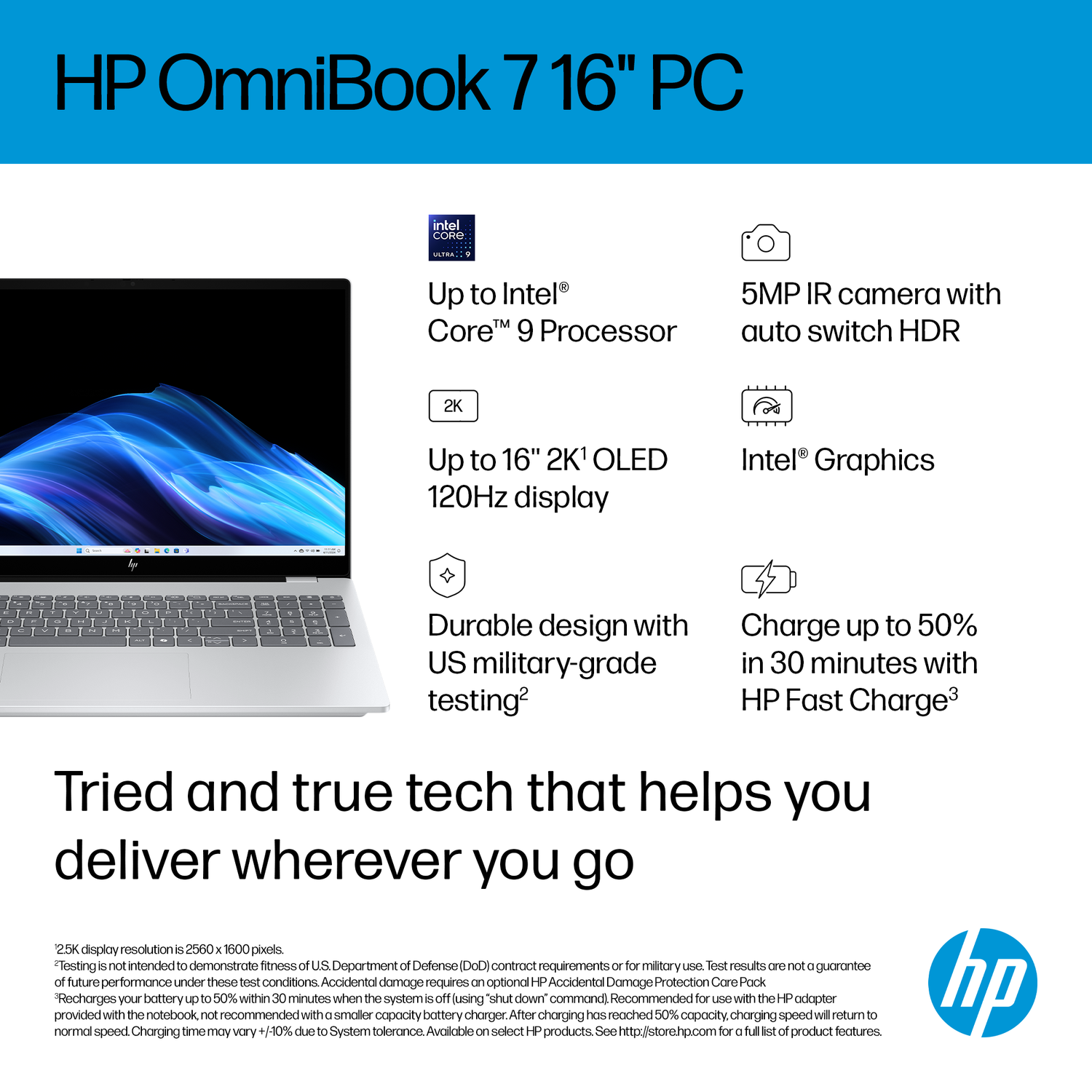 HP OmniBook 7 16" pc met Intel Core 9 processor, 16" 2K OLED display.