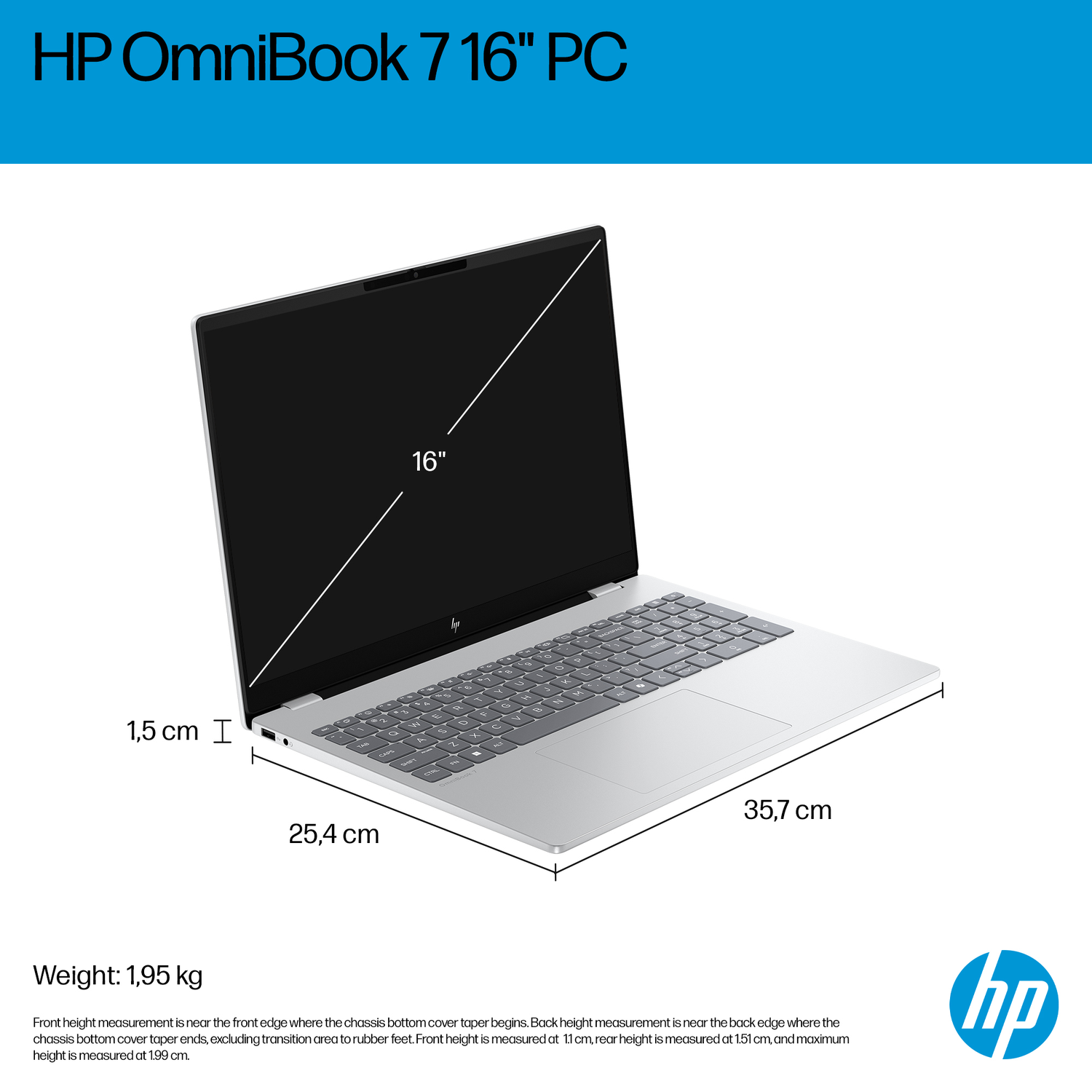 Zilveren HP laptop met 16-inch scherm, toetsenbord en afmetingen.