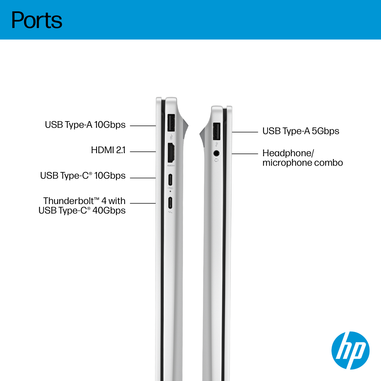Zilveren laptop poorten: USB-A 10Gbps, HDMI 2.1, USB-C 10Gbps, Thunderbolt 4, USB-A 5Gbps, koptelefoonaansluiting.