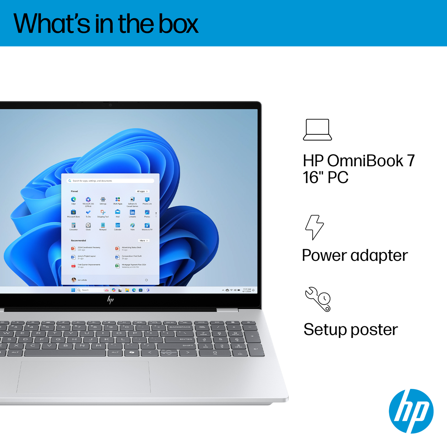 HP OmniBook 7 16" pc met accessoires: voedingsadapter en installatieposter.