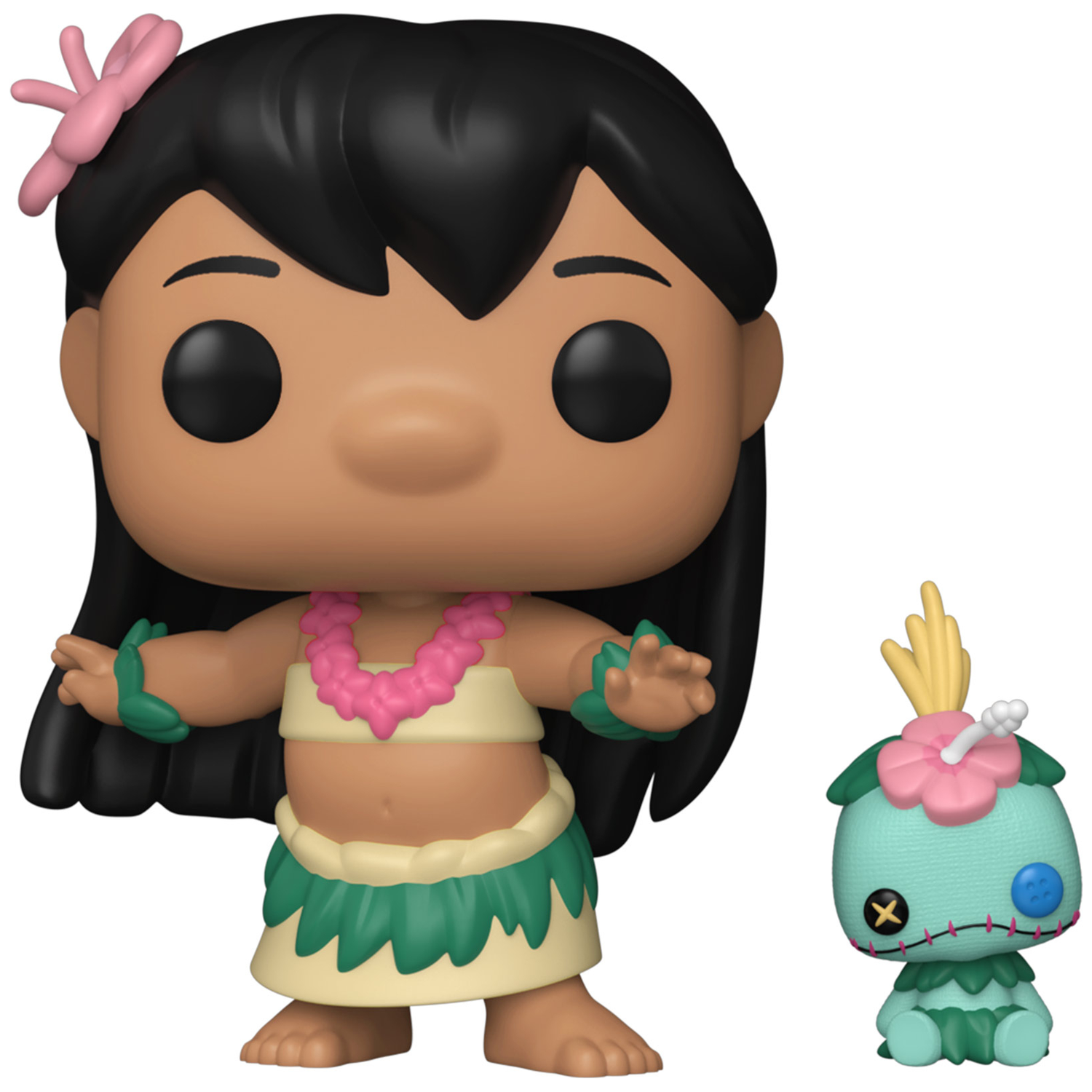 Lilo with a flower necklace and scrunchie next to Stitch toy figure.