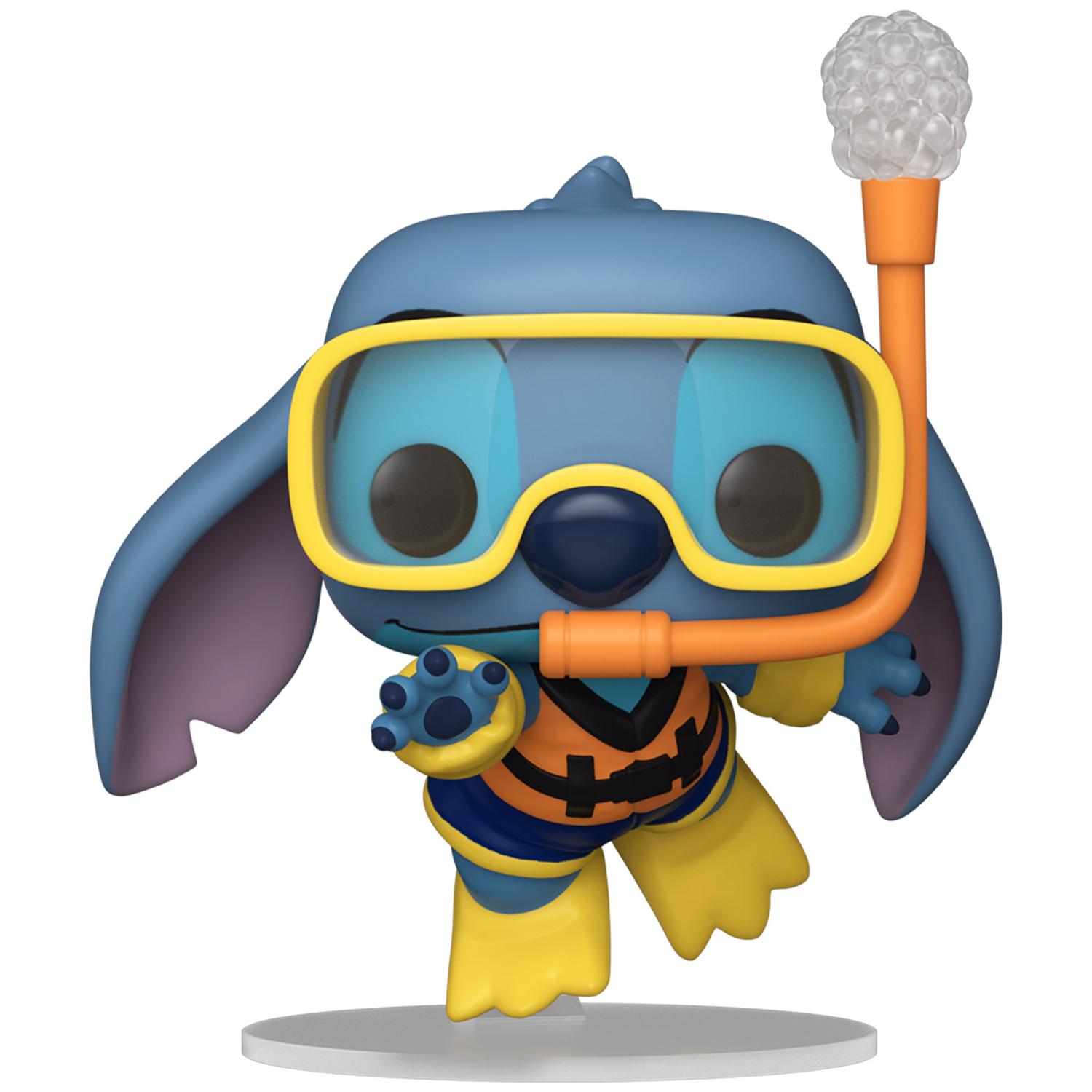 Blue cartoon character wearing a snorkel, goggles, and orange life vest, ready for swimming.