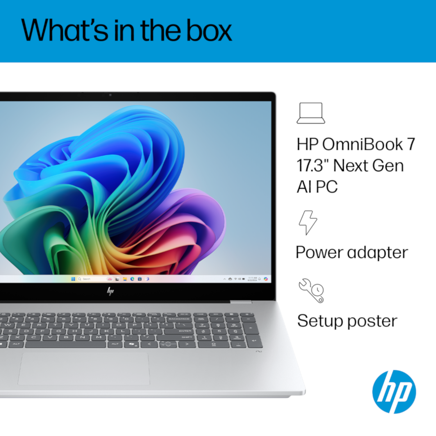 HP OmniBook 7 laptop, power adapter, and setup poster shown. Colorful wallpaper on screen.