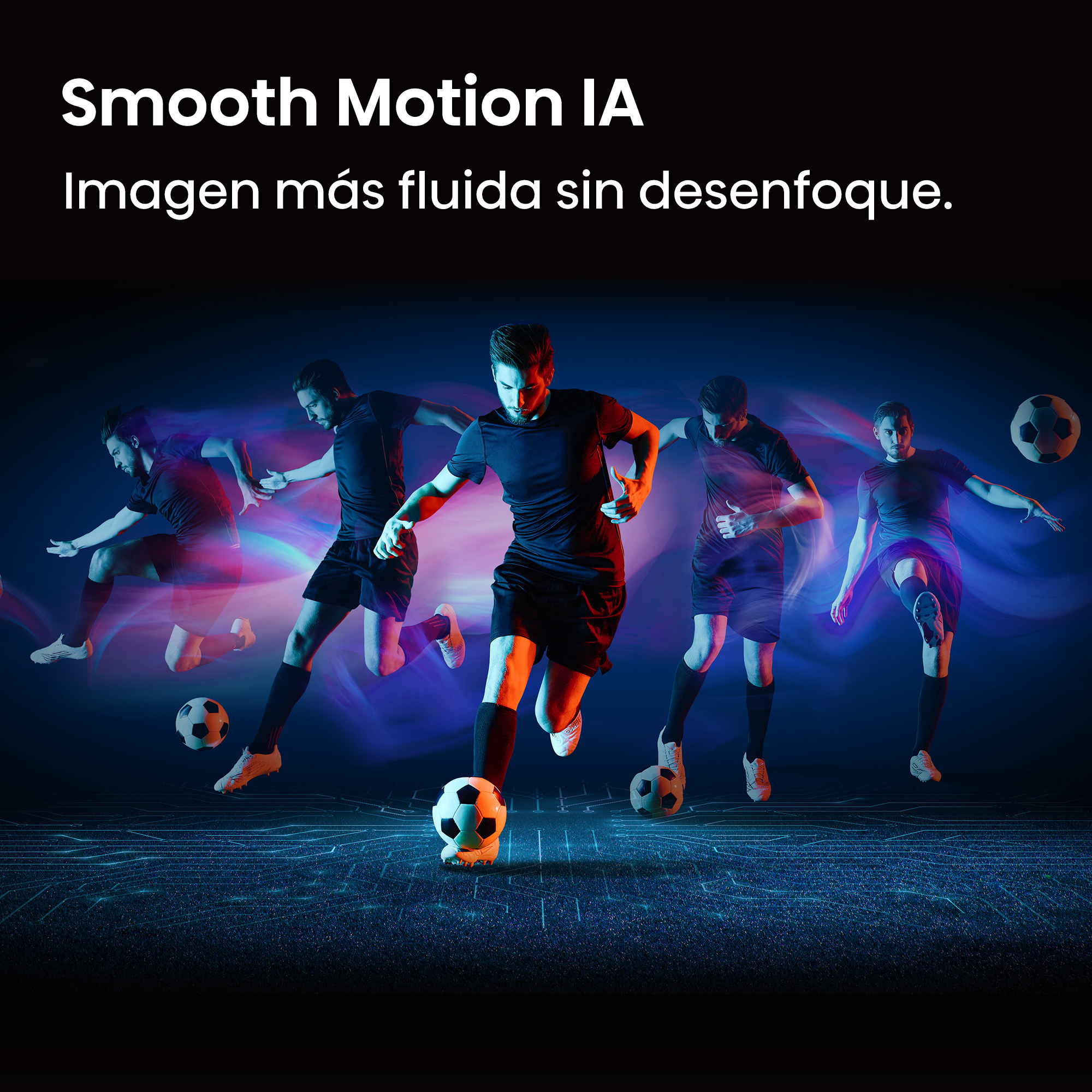 Futbolistas en movimiento con efectos de luz simulando desenfoque.