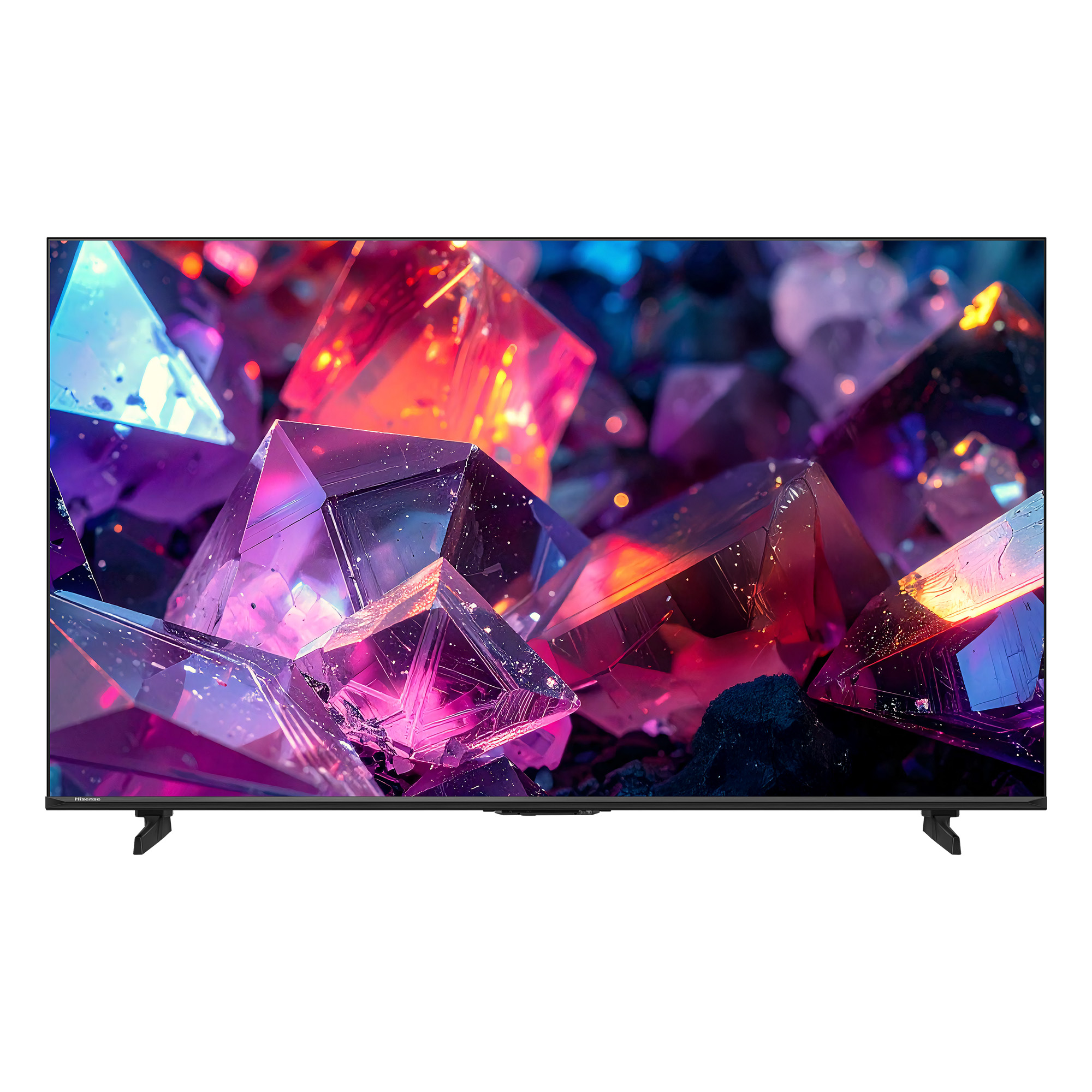 Un televisor Hisense moderno muestra vibrantes formas abstractas similares a cristales en tonos morados, rosas y azules.