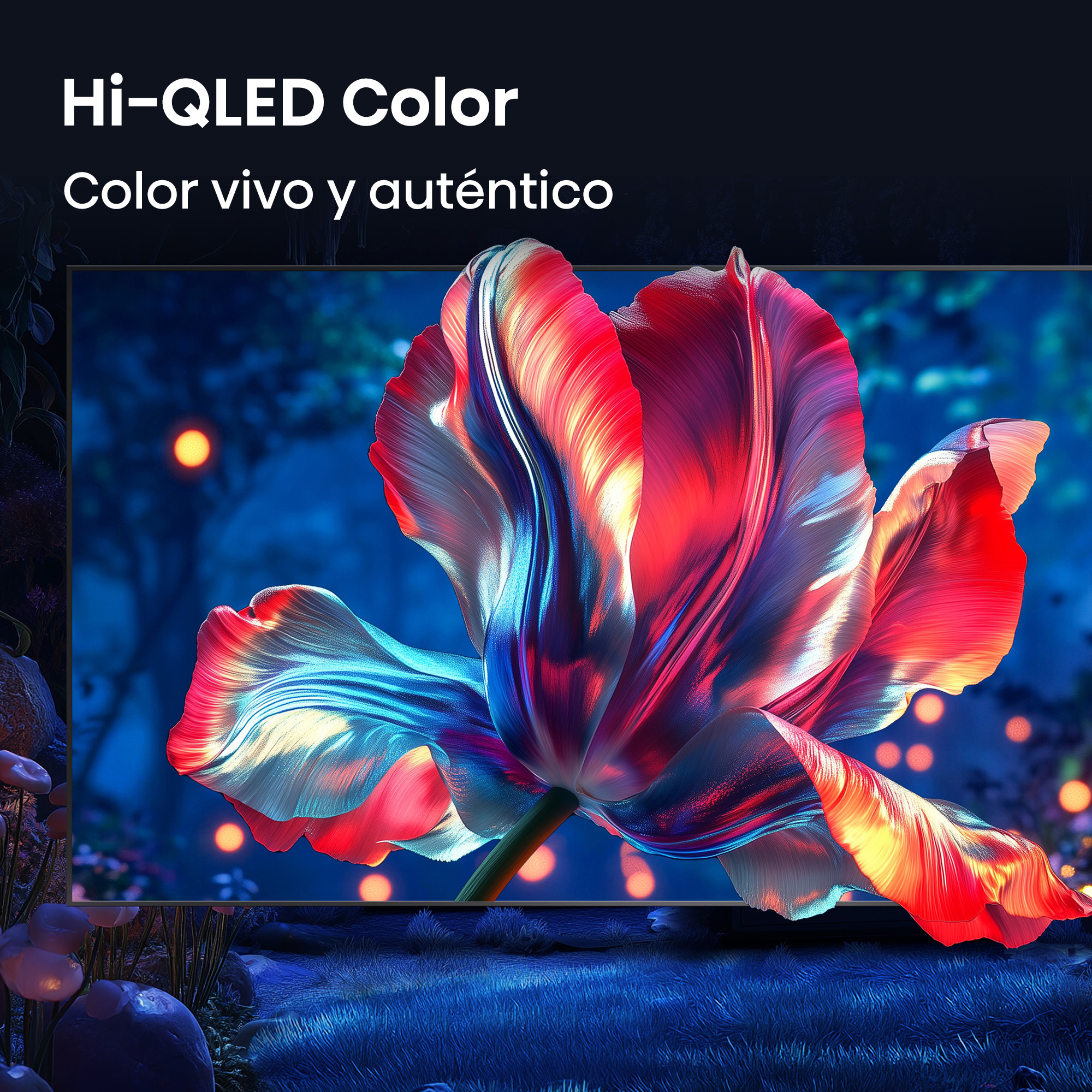 Una imagen estilizada de un tulipán floreciendo con colores rojos y azules vibrantes sobre un fondo oscuro.