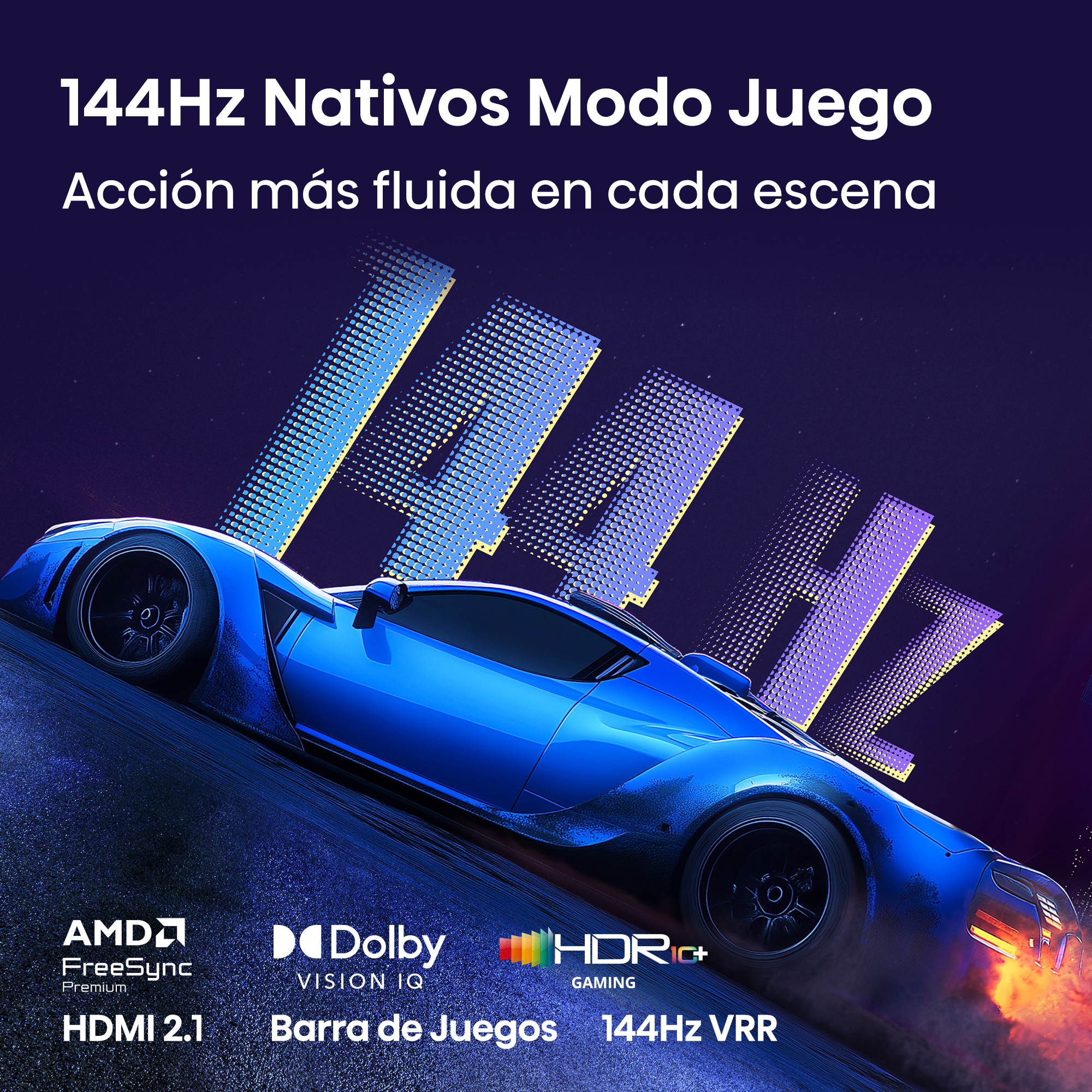 Un coche deportivo azul con gráficos "144Hz" y logos de gaming.