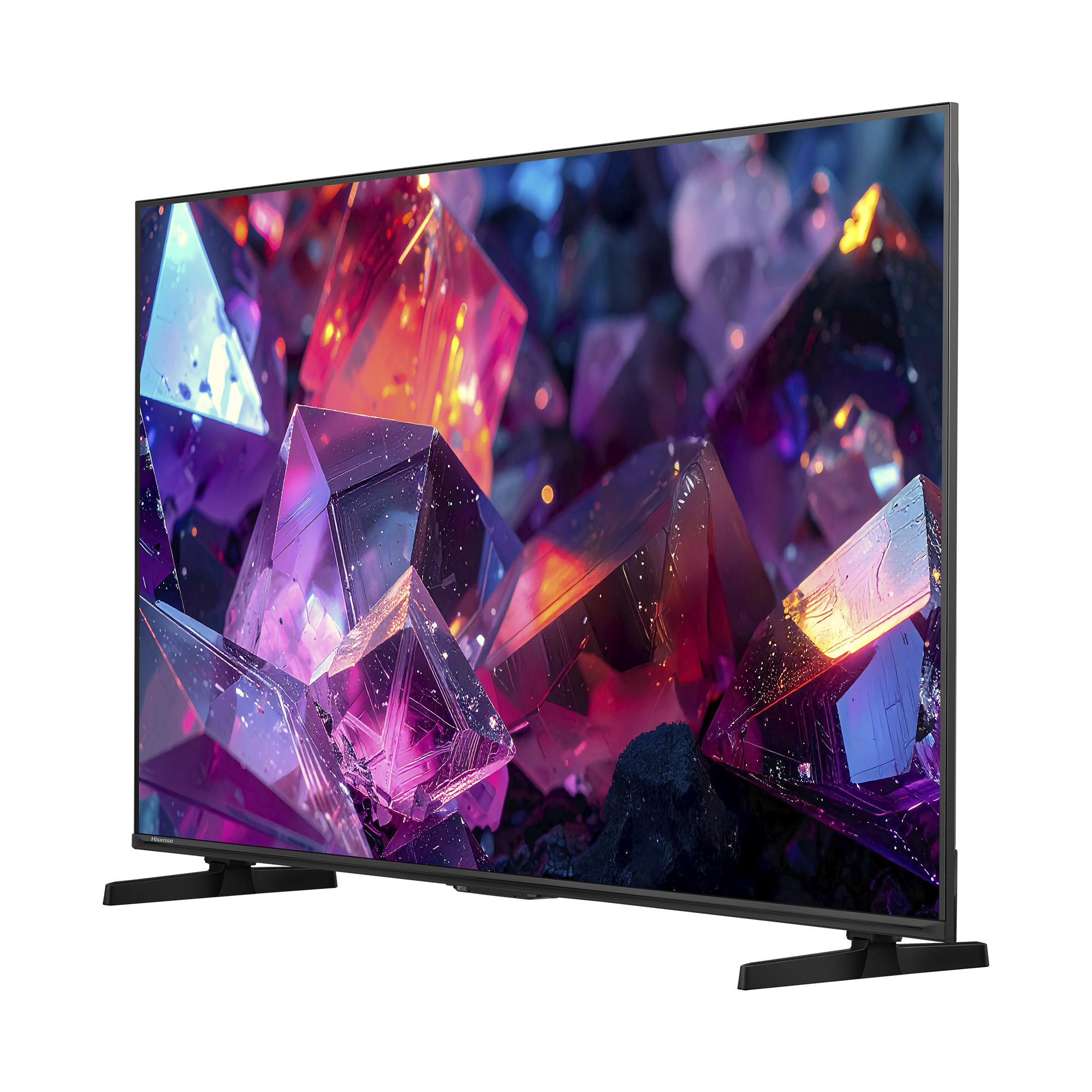 Un televisor moderno con un soporte oscuro, que muestra cristales coloridos.