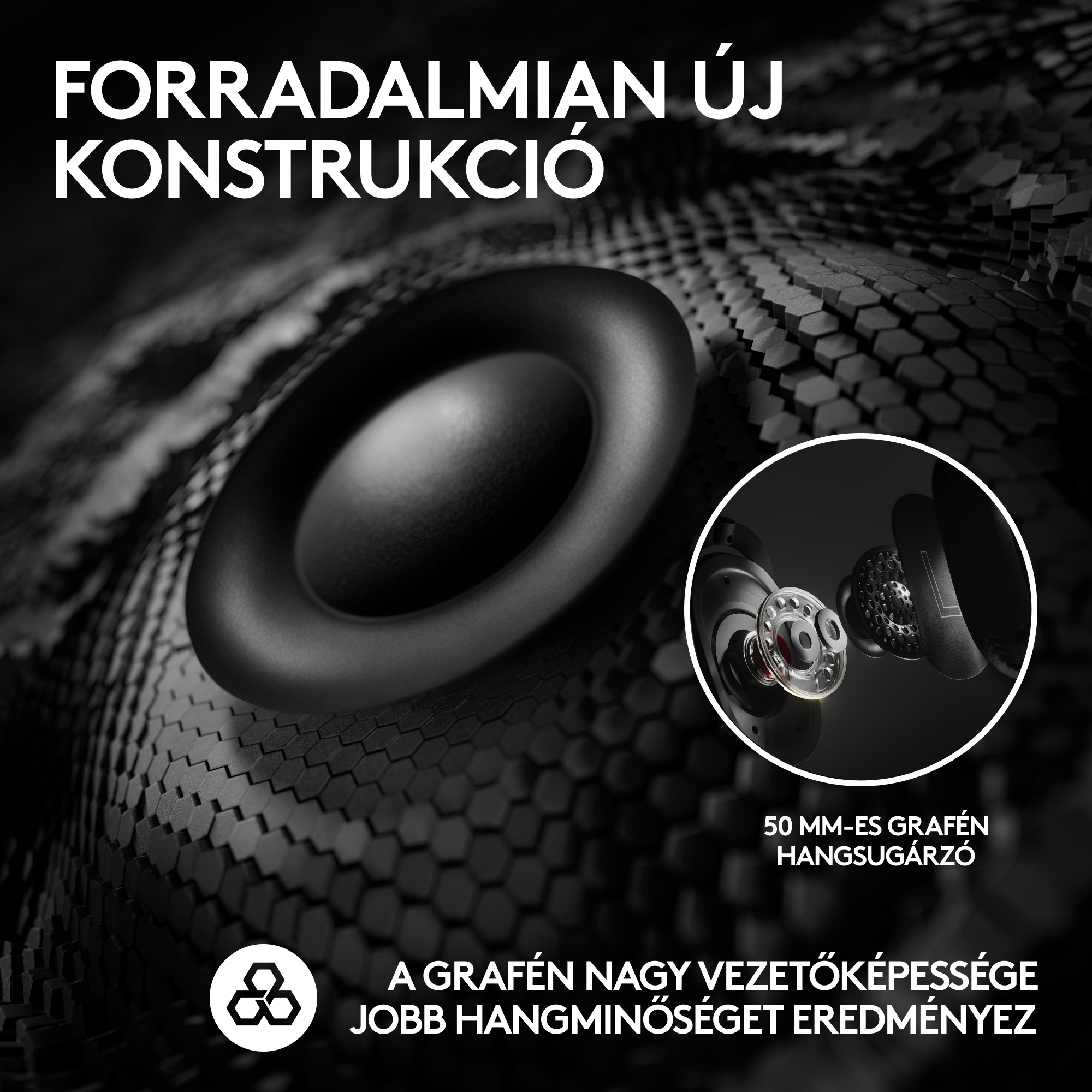 50 mm-es grafén hangszóró részletes képe, konstrukciós szöveggel.