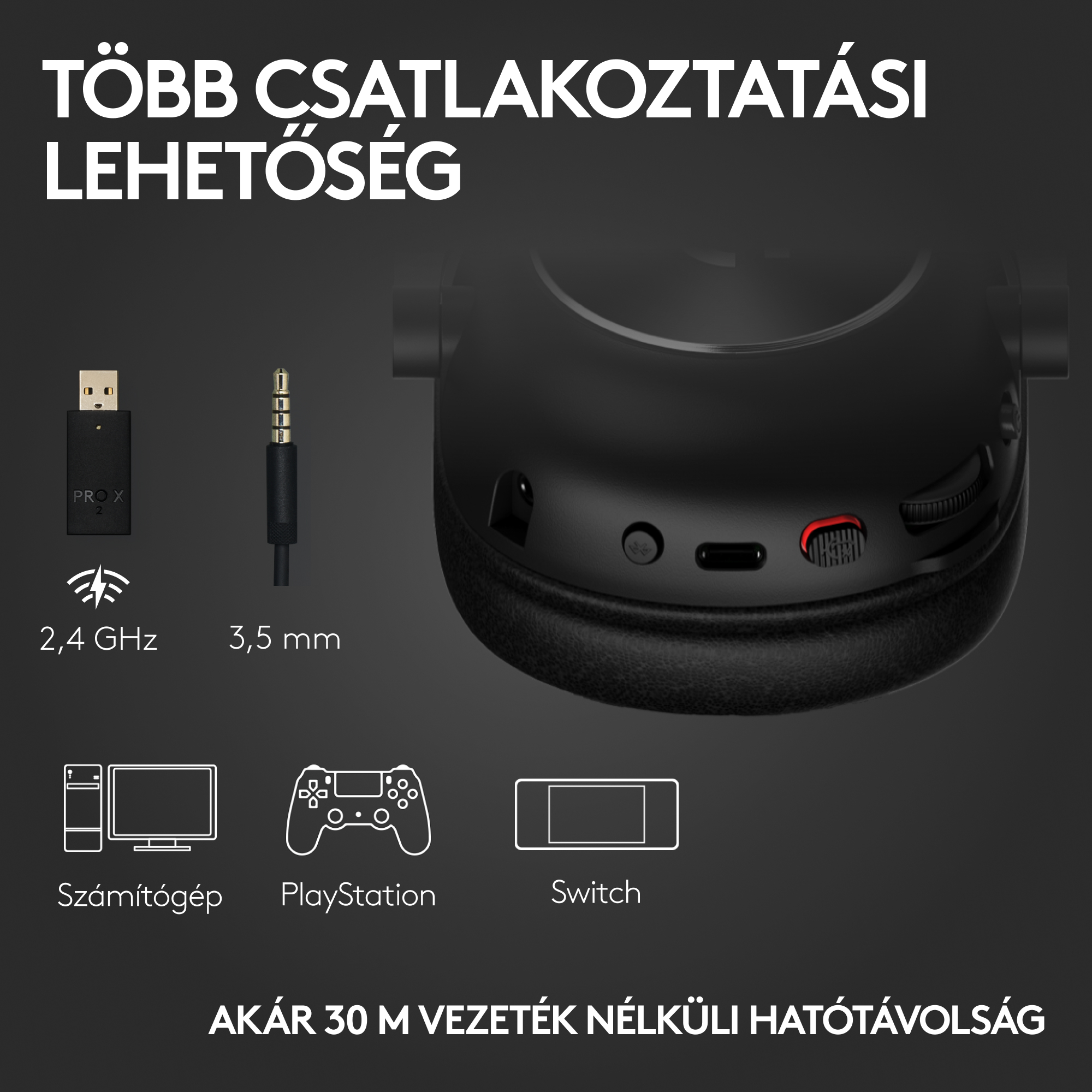 Fejhallgató USB-dongle-lal, 3,5 mm-es jackkel, PC-hez, PlayStationhöz, Switch-hez.