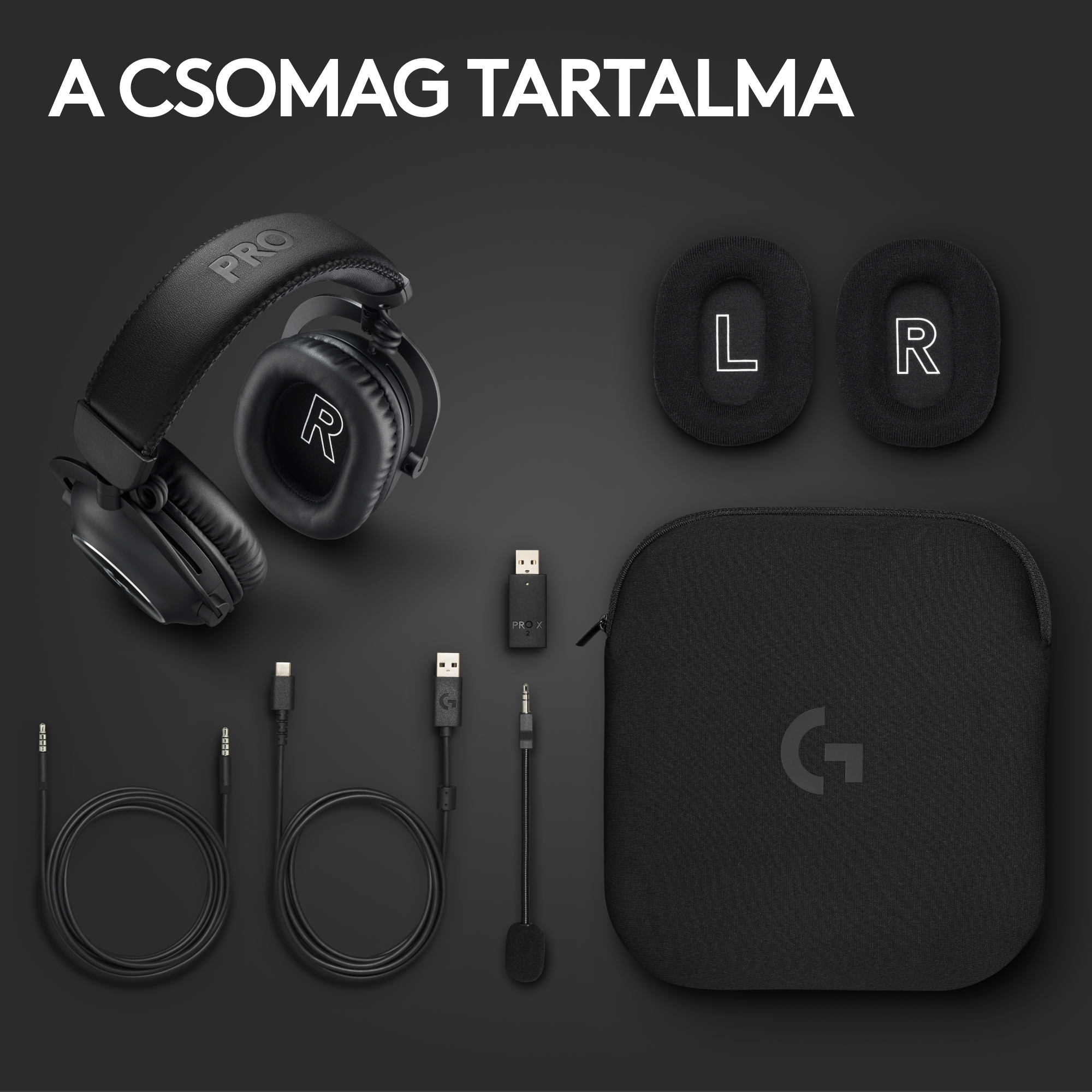 Fekete gamer fejhallgató tartozékokkal: levehető fülpárnák, kábelek, USB-kulcs és tok.