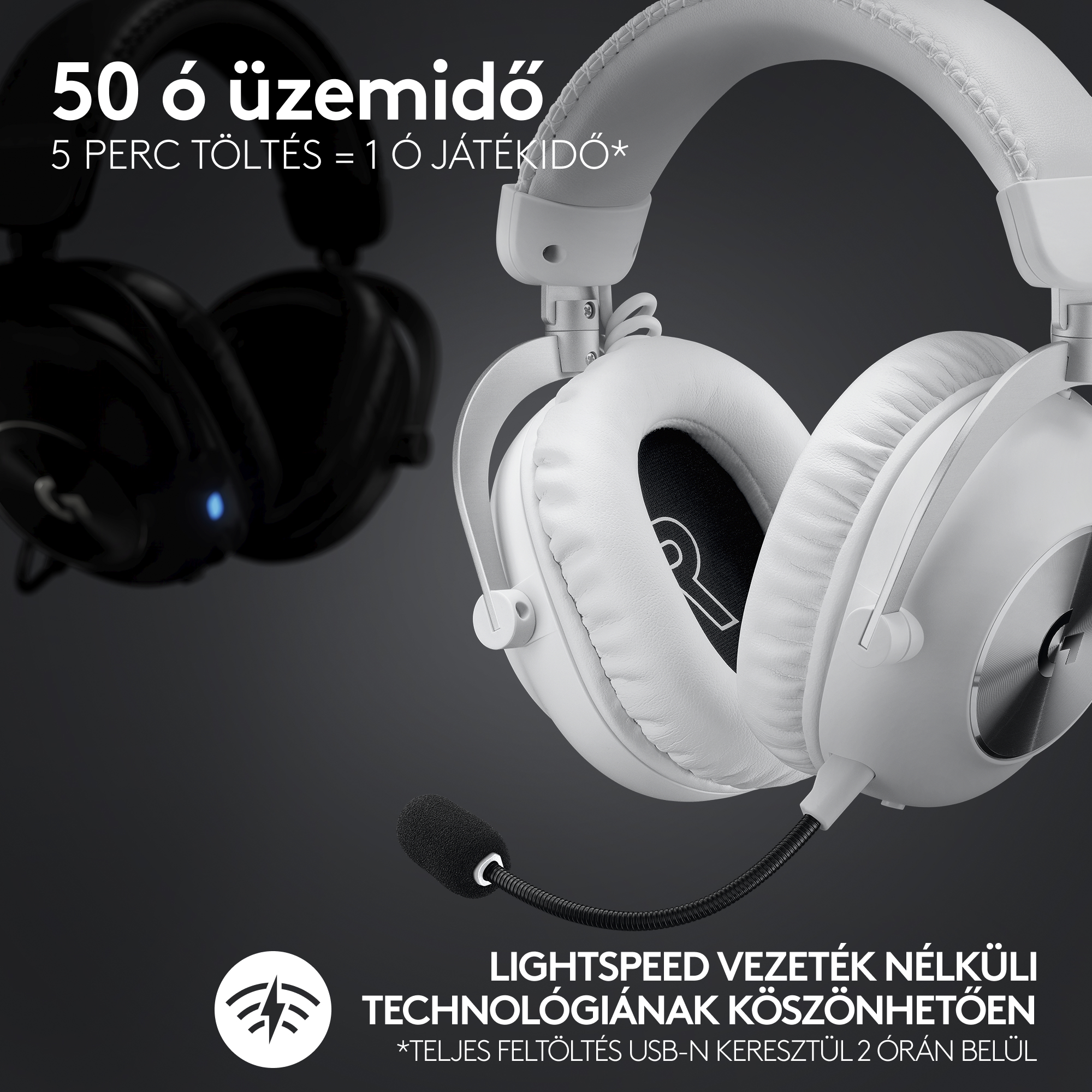 Fehér és fekete vezeték nélküli gamer fejhallgató mikrofonnal.