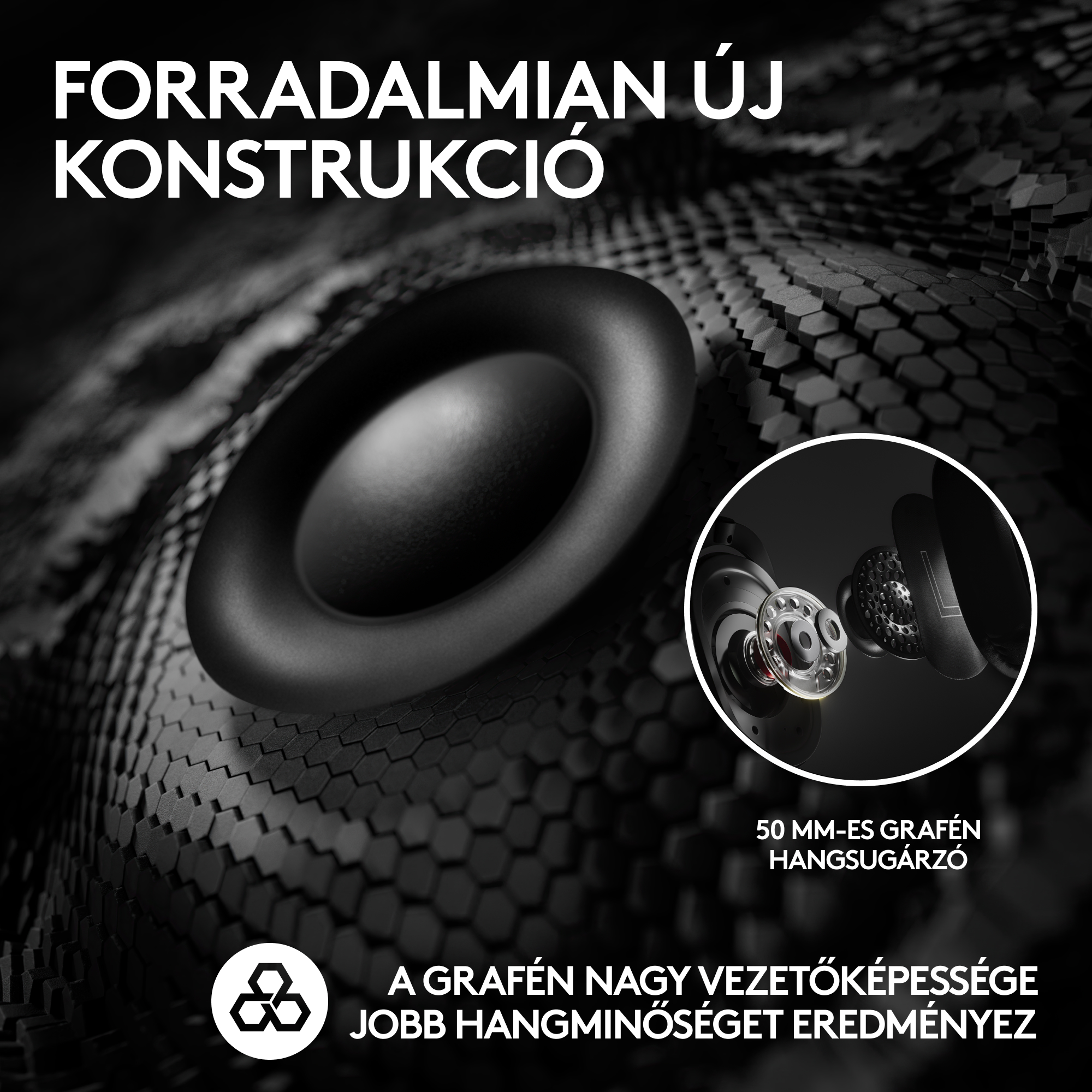 Fejhallgató-meghajtó közelképe graféntechnológiáról szóló szöveggel.