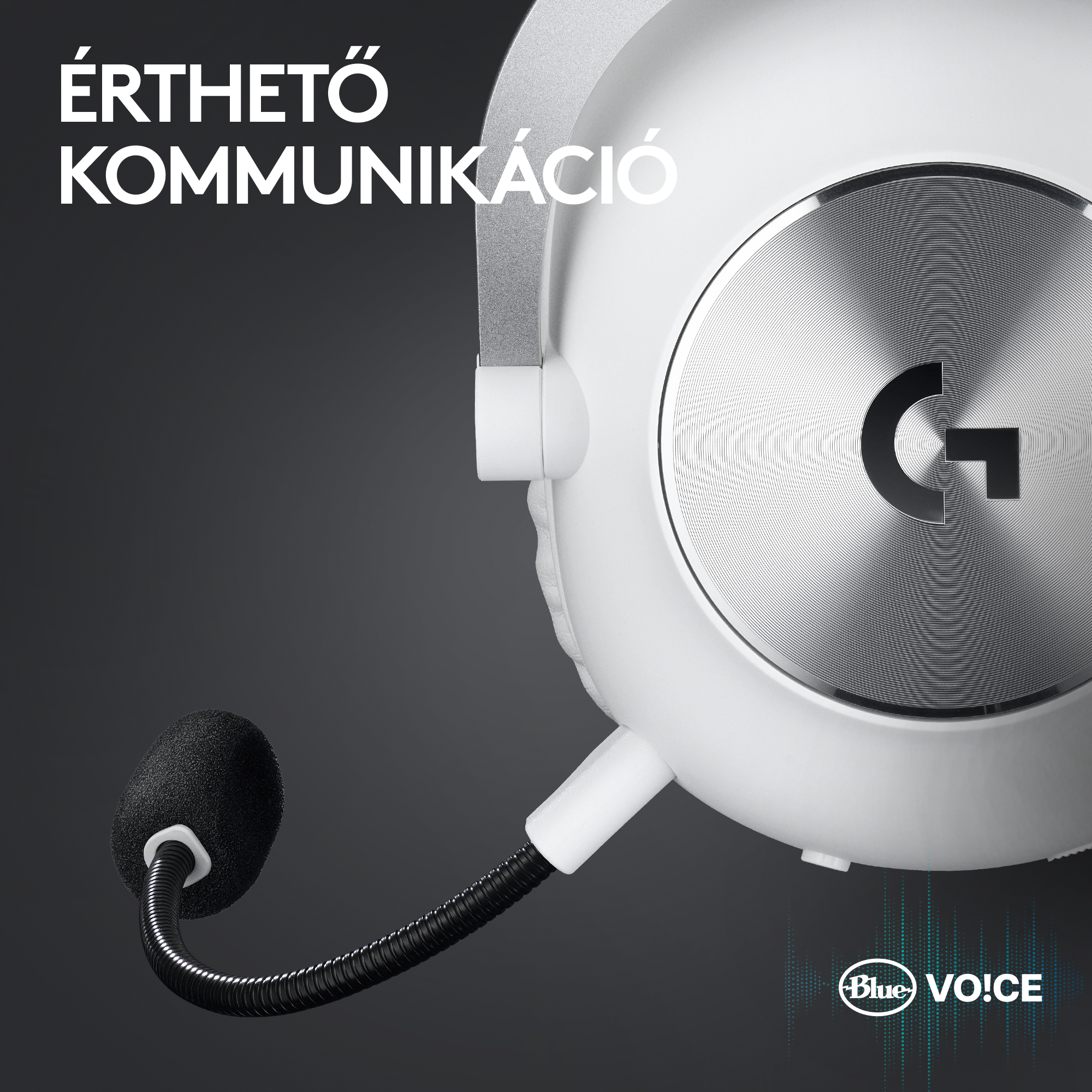 Fehér fejhallgató mikrofonnal és Logitech 'G' logóval szürke háttéren.