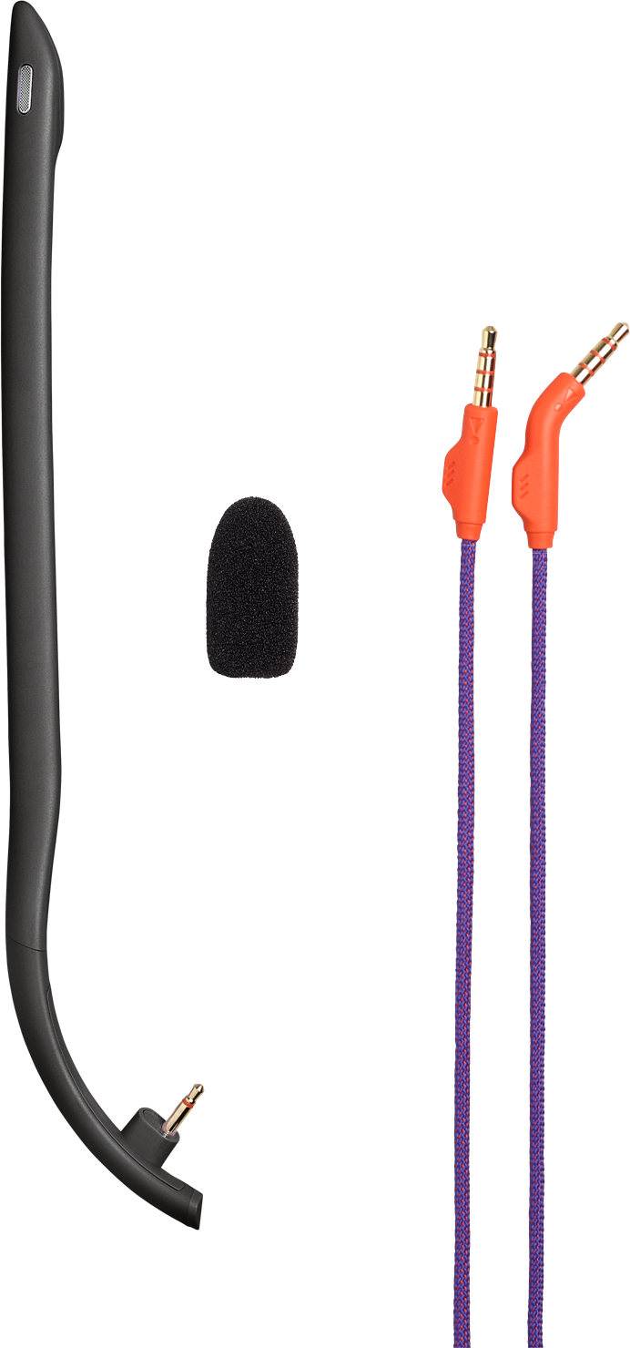 Ein schwarzer Kopfbügel, ein Mikrofonwindschutz und zwei orangefarbene Kabel mit Anschlüssen.