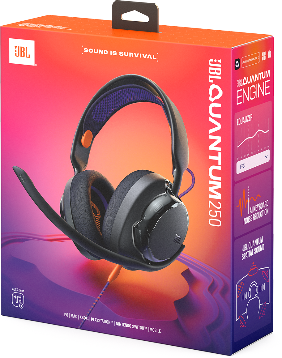 Verpackung für JBL Quantum 250 Gaming-Kopfhörer mit Mikrofon und orangefarbenen Akzenten.