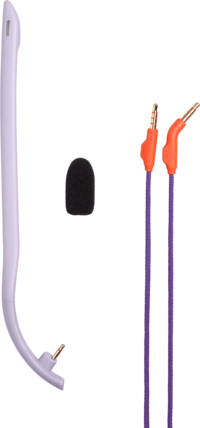 Ein hellviolettes Headset-Teil, ein schwarzes Mikrofon und zwei Kabel mit orangen Steckern.