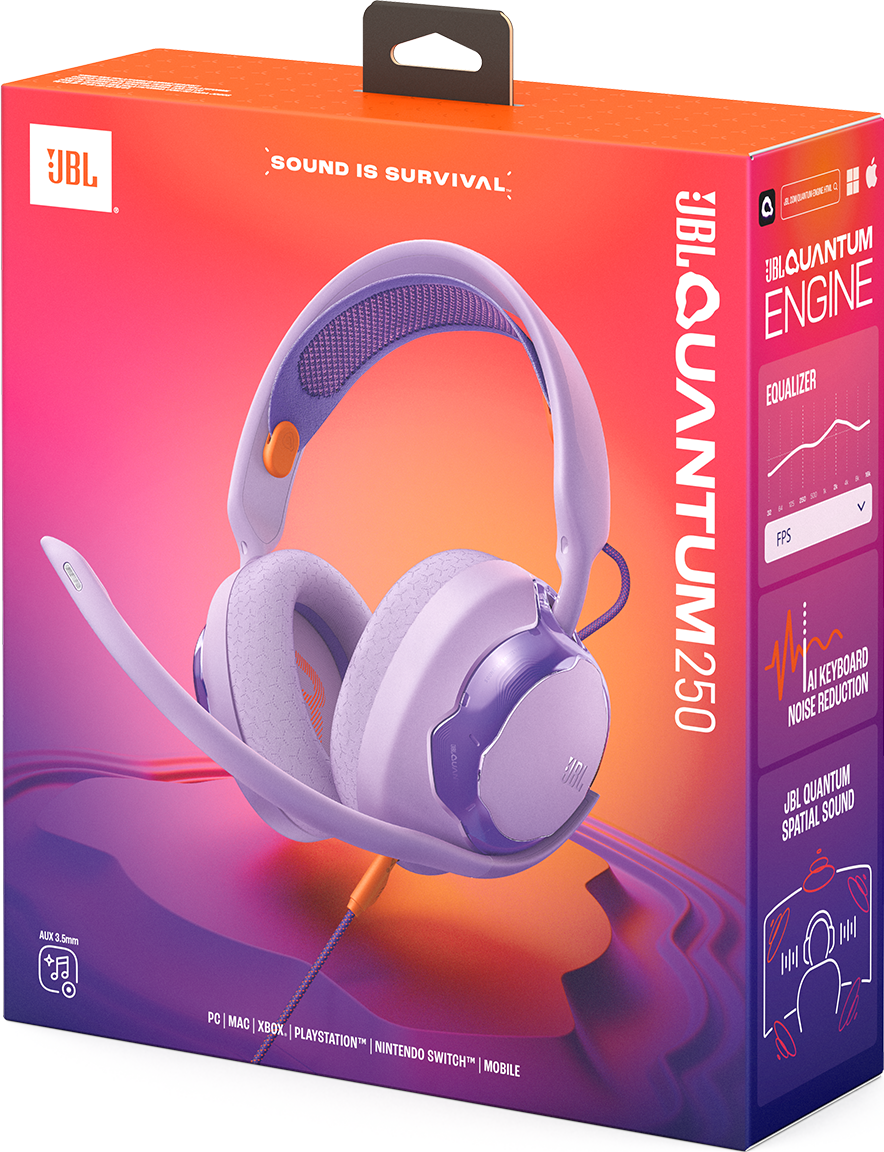 Lila und weiße JBL Quantum 250 Gaming-Kopfhörer auf einem Karton mit orangefarbenem Farbverlauf.