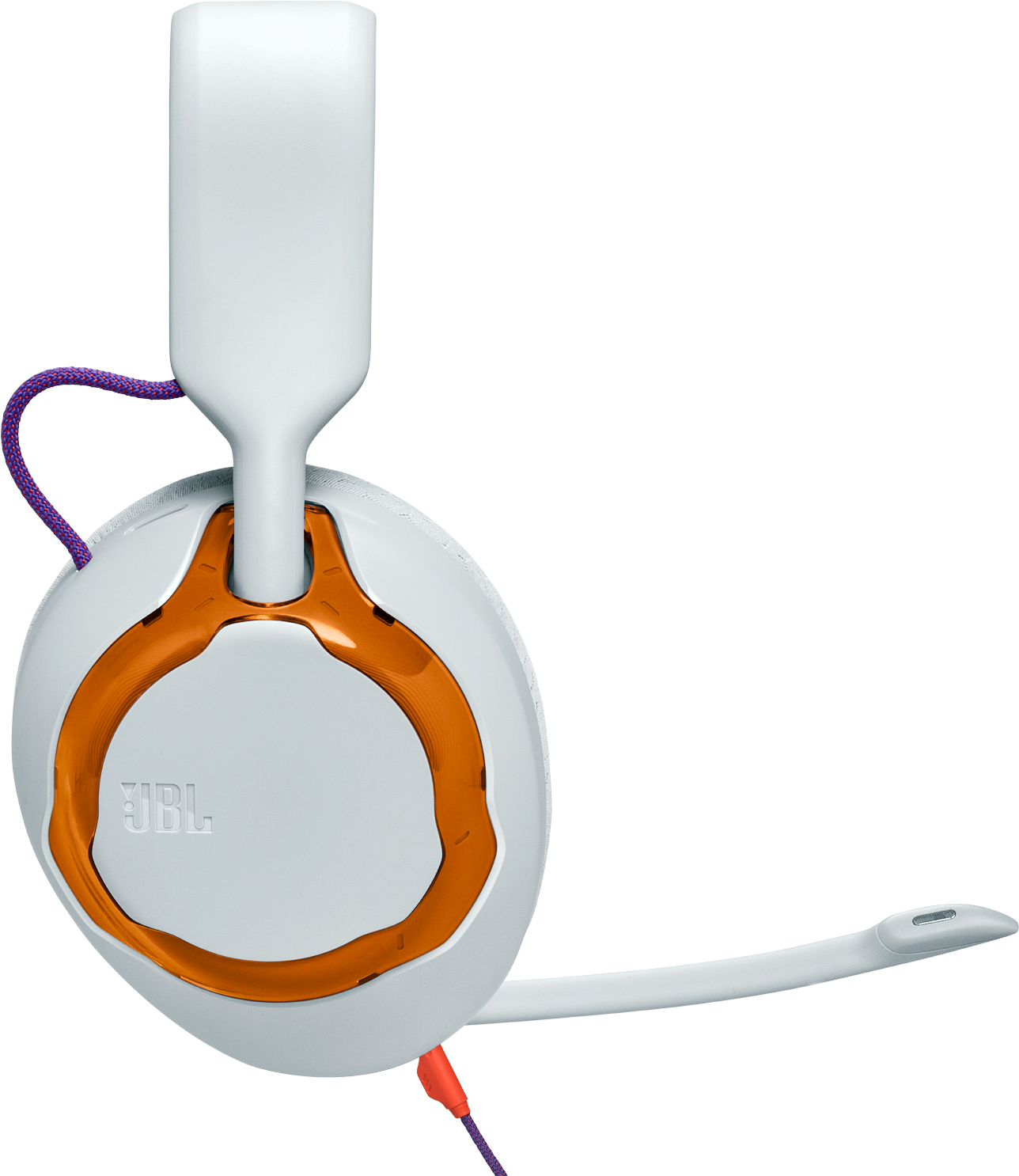 Weiße Kopfhörer mit orangefarbenem Akzent und Mikrofon auf schwarzem Hintergrund.