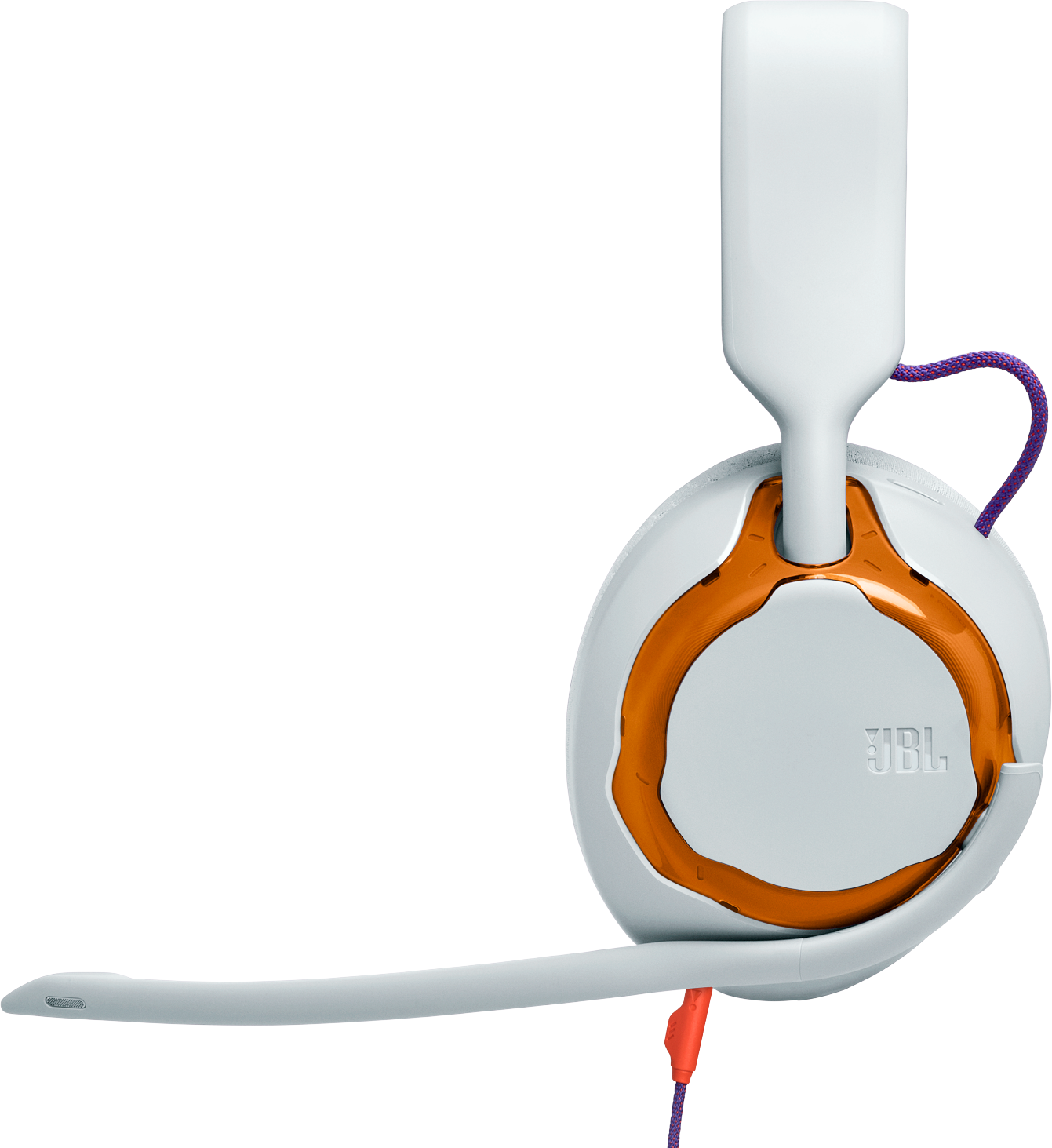 Weißes Headset mit orangefarbenen Akzenten, Mikrofon und blauem Kabel.