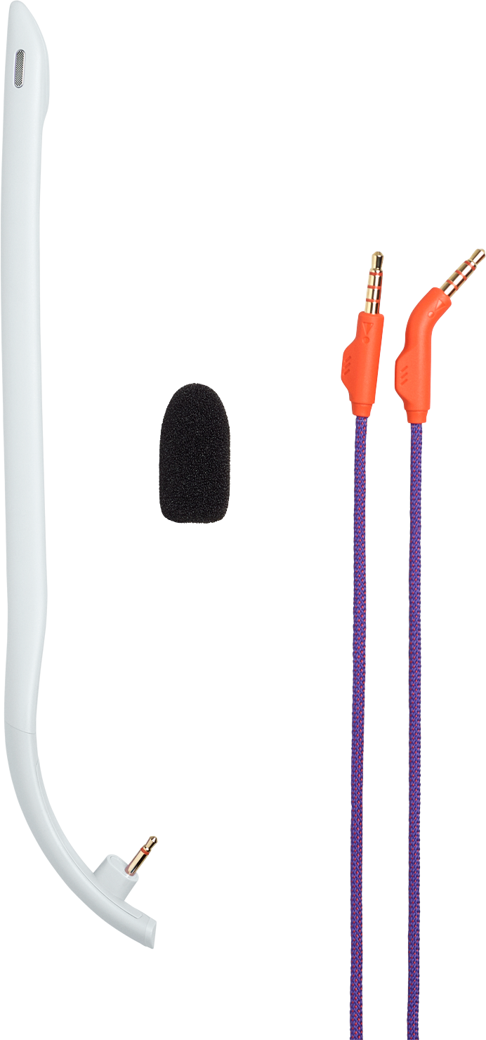Ein weißer Mikrofonarm, schwarzer Schaumstoff und zwei orangefarbene Kabel mit Steckern.