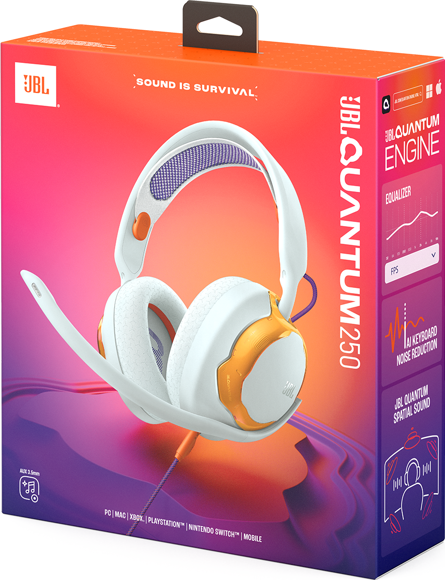 Weiße JBL Quantum 250 Gaming-Kopfhörer mit orangefarbenen Akzenten auf einer Box.