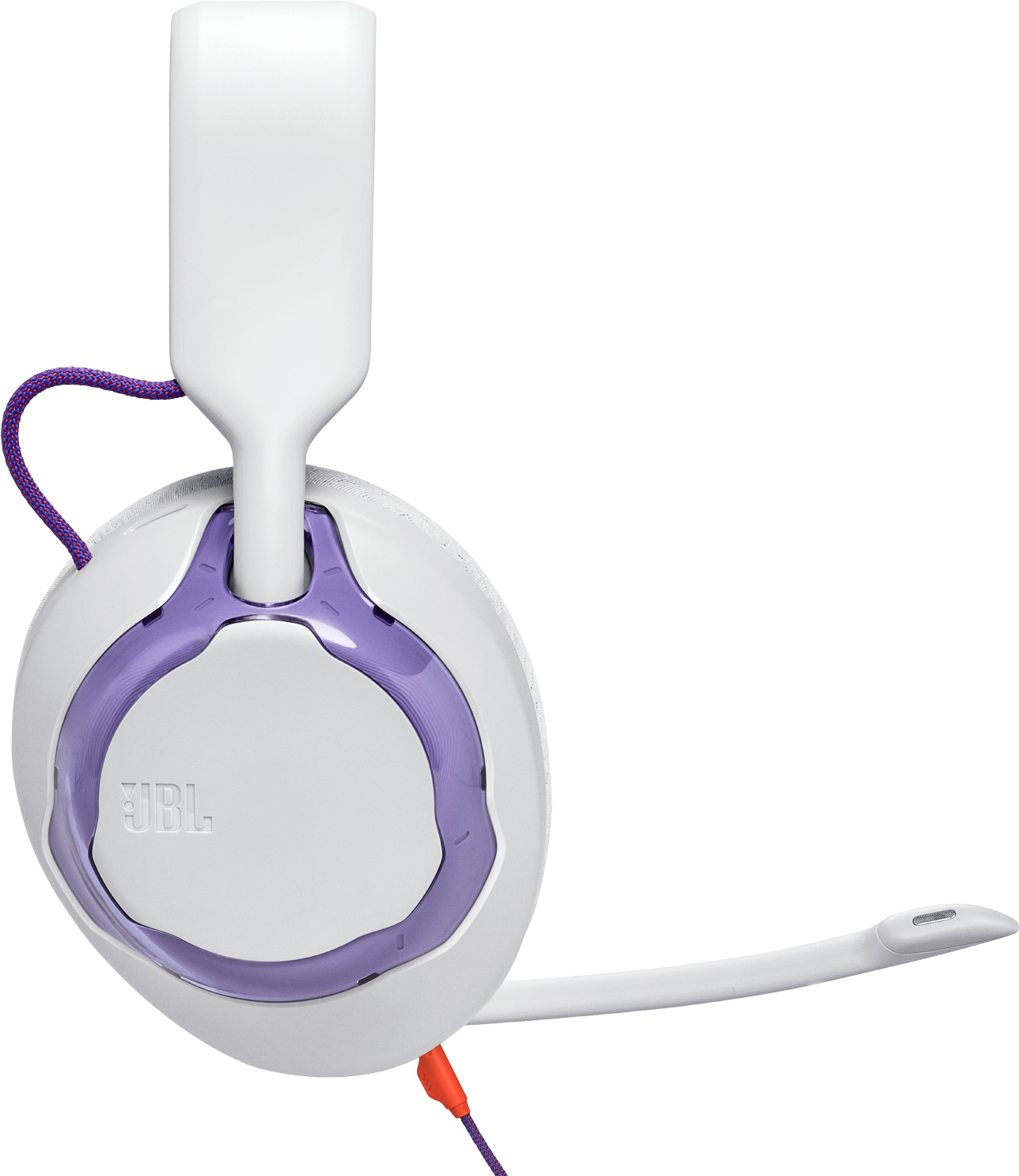 Un casque blanc avec des accents violets et un micro.