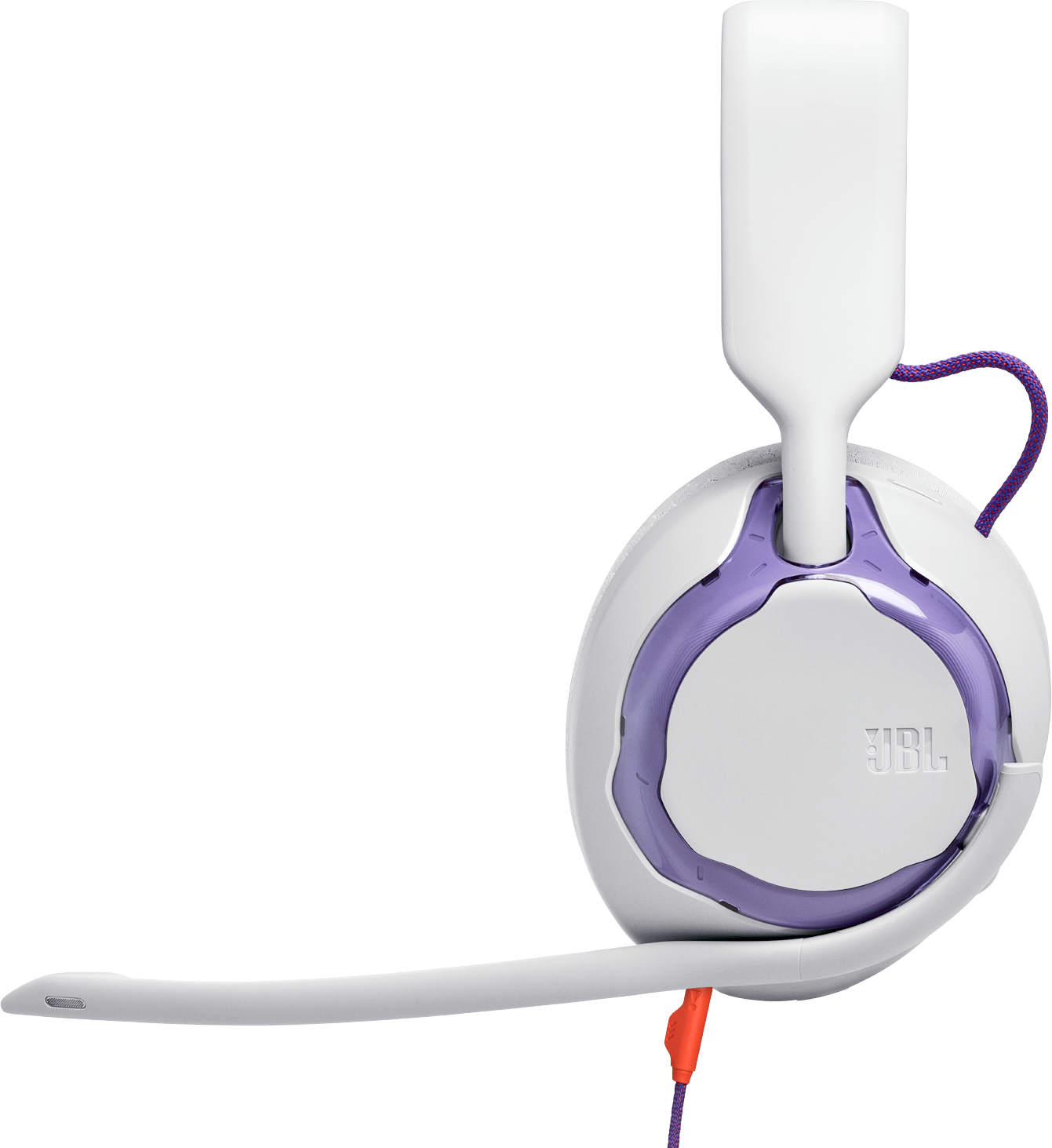 Casque gaming JBL blanc avec accents violets et câble orange.