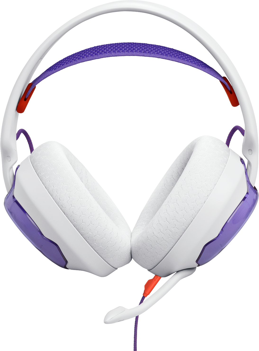 Casque blanc avec accents violets et microphone sur fond noir.