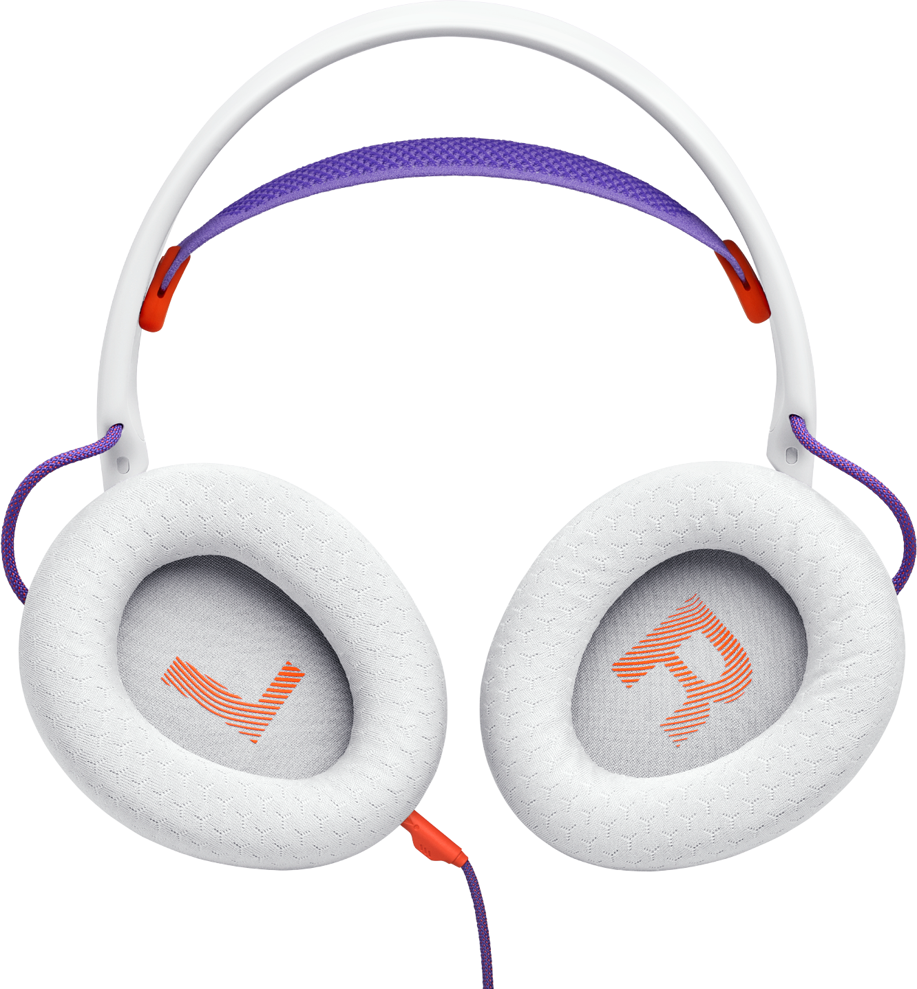 Casque blanc avec bandeau violet et accents orange. Marques G/D.