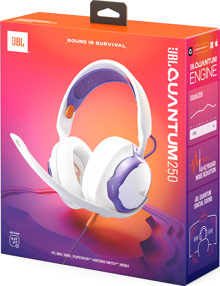 Casque JBL Quantum 250 blanc et violet sur une boîte dégradé orange-violet.