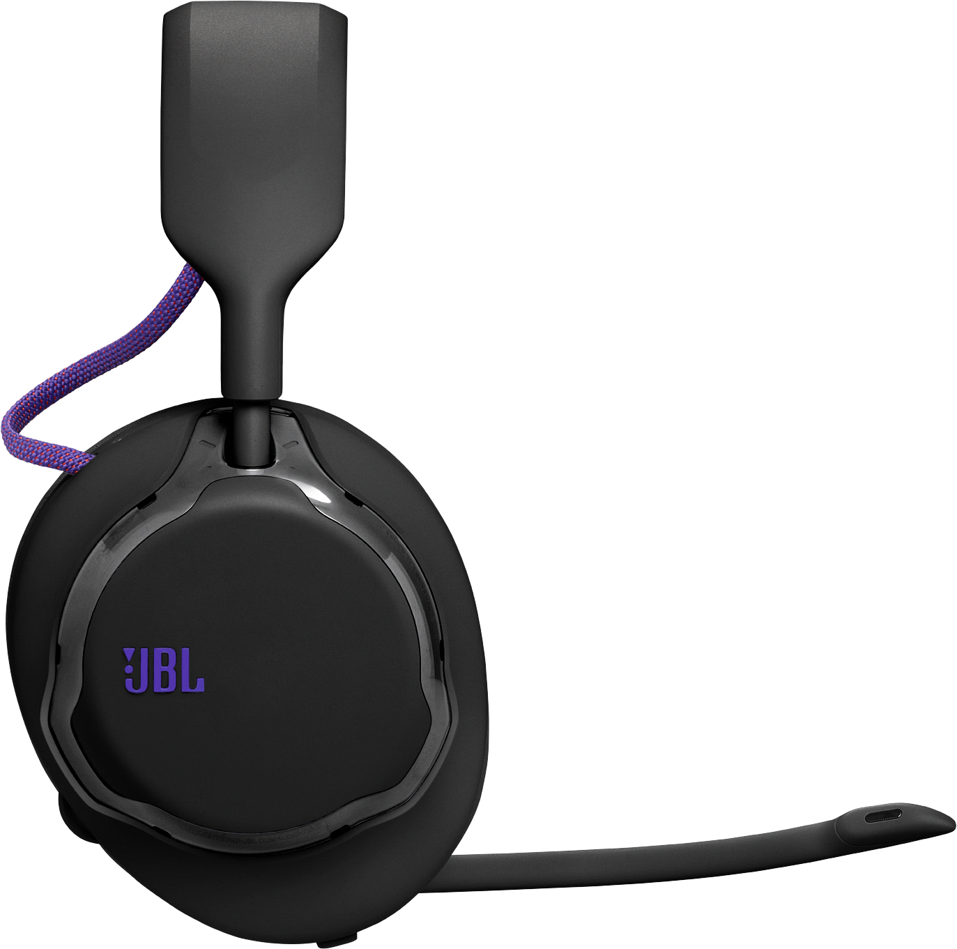 Cuffie JBL nere con microfono e accenti viola, su sfondo nero.