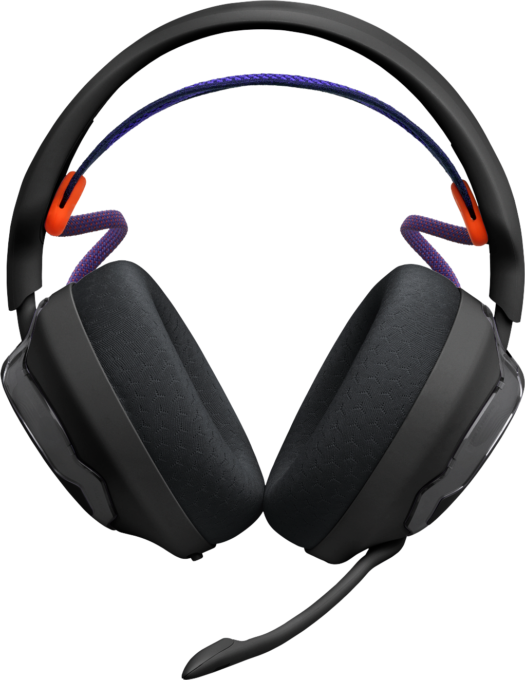 Cuffie da gaming nere con cavo blu, accenti arancioni e microfono su sfondo nero.