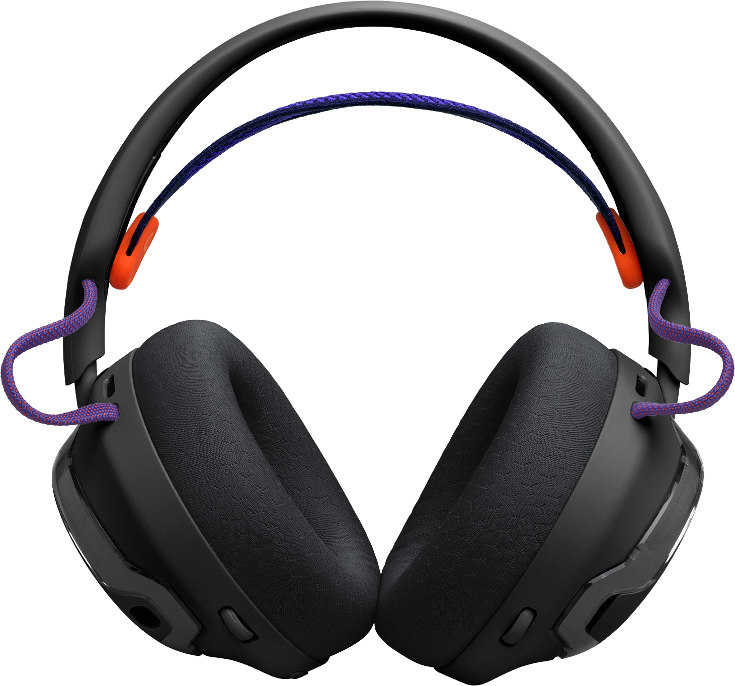 Cuffie nere con cavi blu e viola e accenti arancioni su sfondo nero.