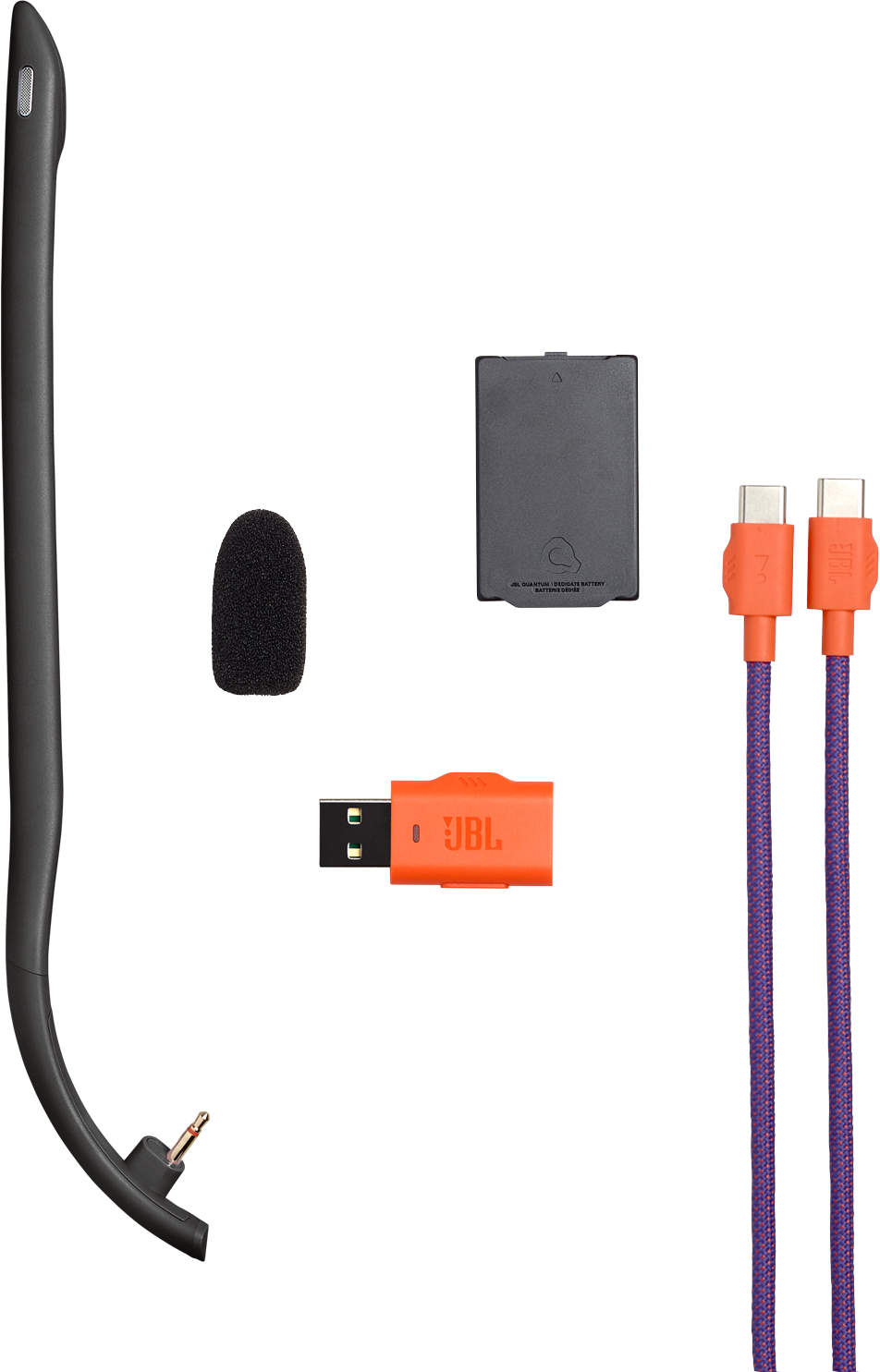 Un braccio per cuffie nero, microfono, dongle USB, coperchio batteria e due cavi USB-C.