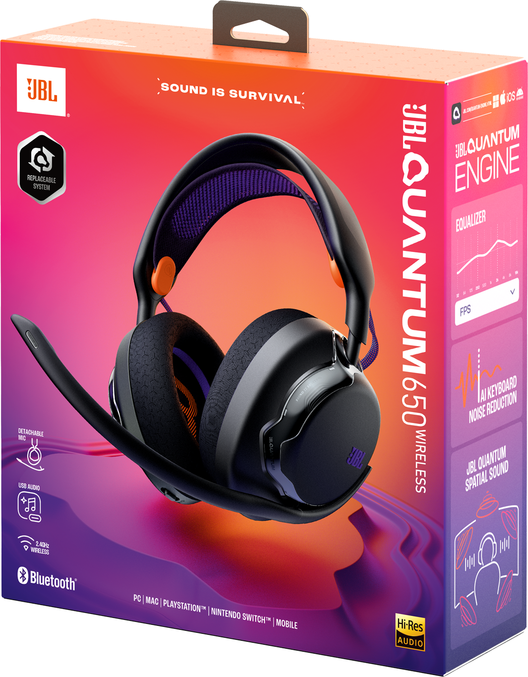 Cuffie wireless JBL Quantum 650 nere su una scatola con sfumatura arancione e viola.