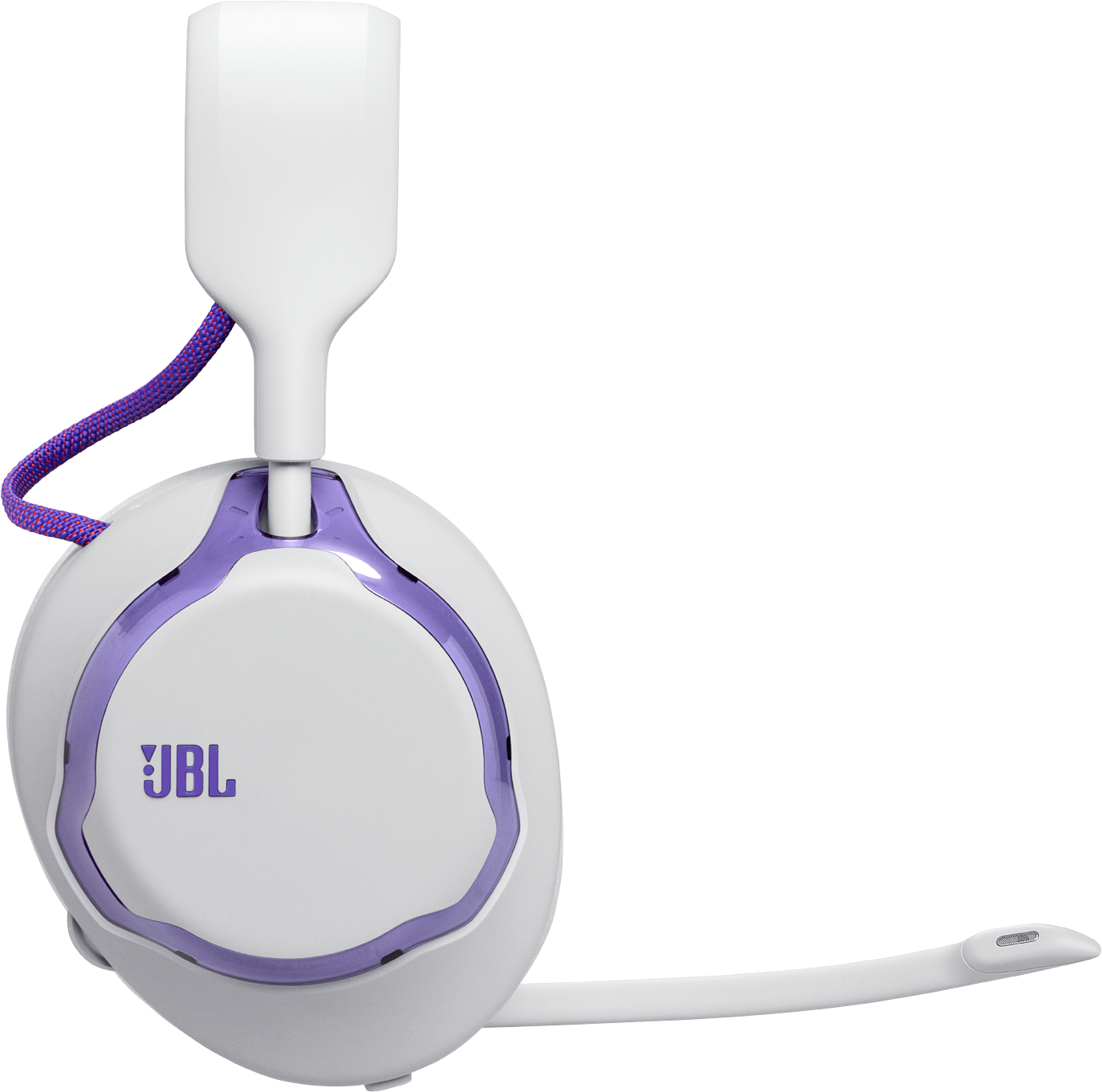 Casque JBL blanc avec accents violets et microphone.