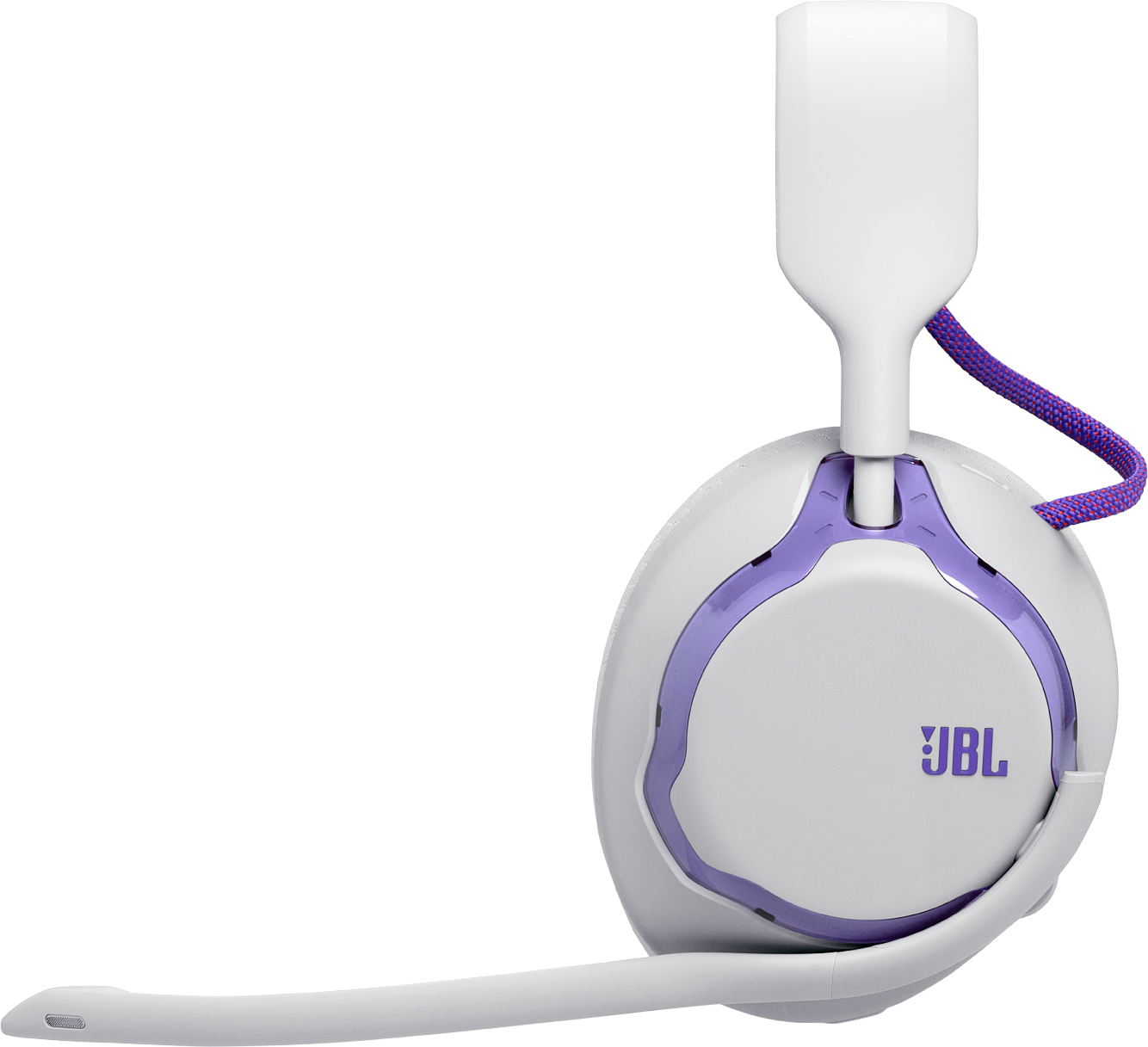 Casque blanc avec accents violets et cordon bleu-rouge.