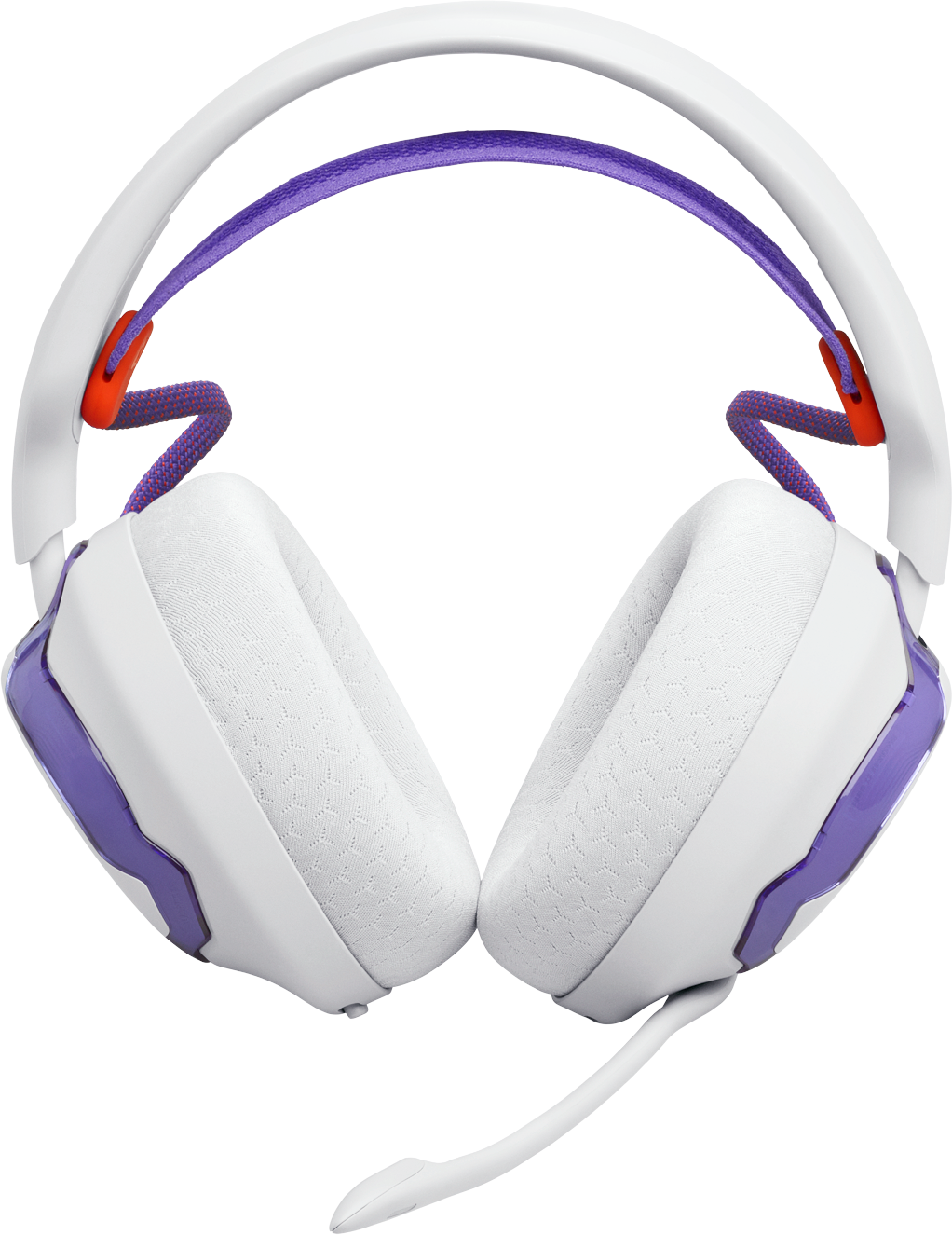 Casque blanc avec accents violets et micro, sur fond noir.