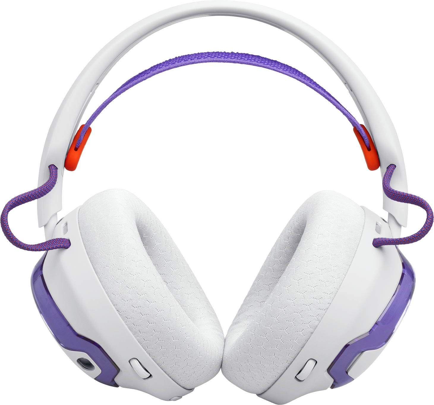 Casque blanc avec des accents violets et un bandeau réglable.