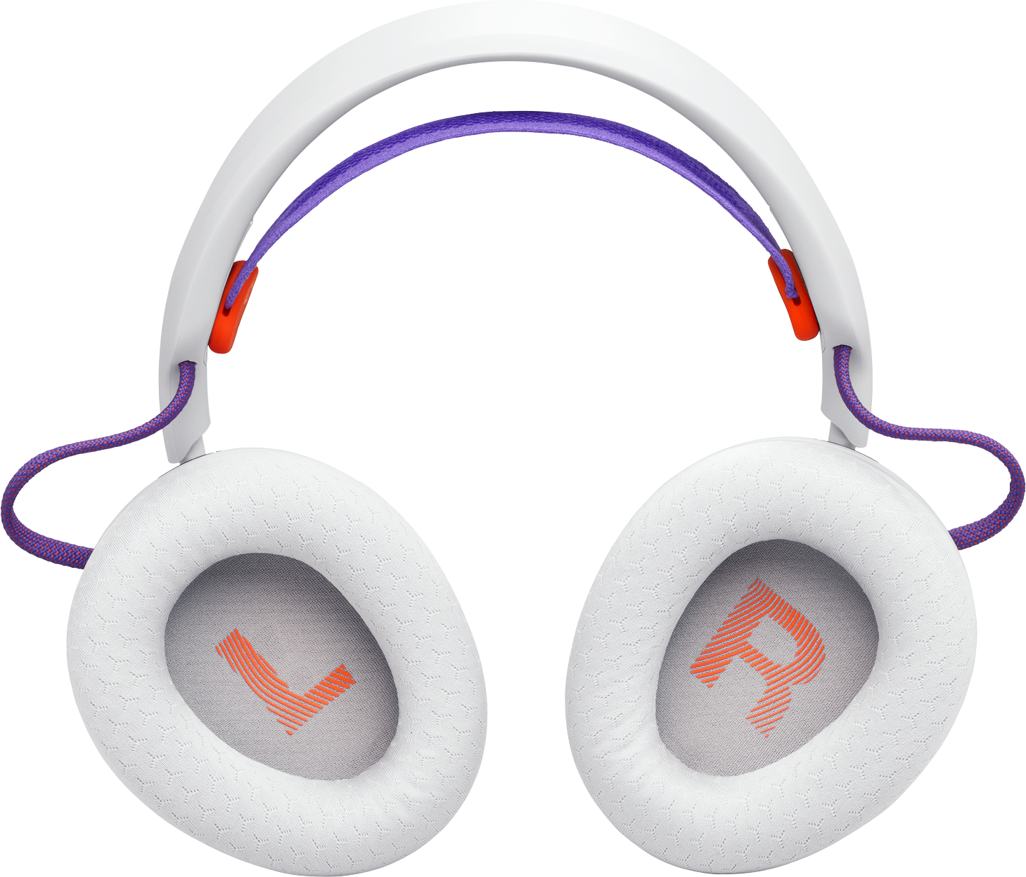 Casque blanc avec bandeau violet, accents orange et marquages L/R.