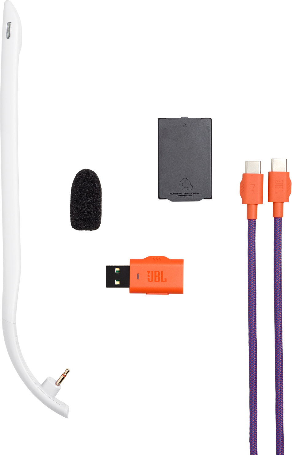 Perche de microphone blanche, bonnette noire, dongle USB, batterie, deux câbles USB-C.