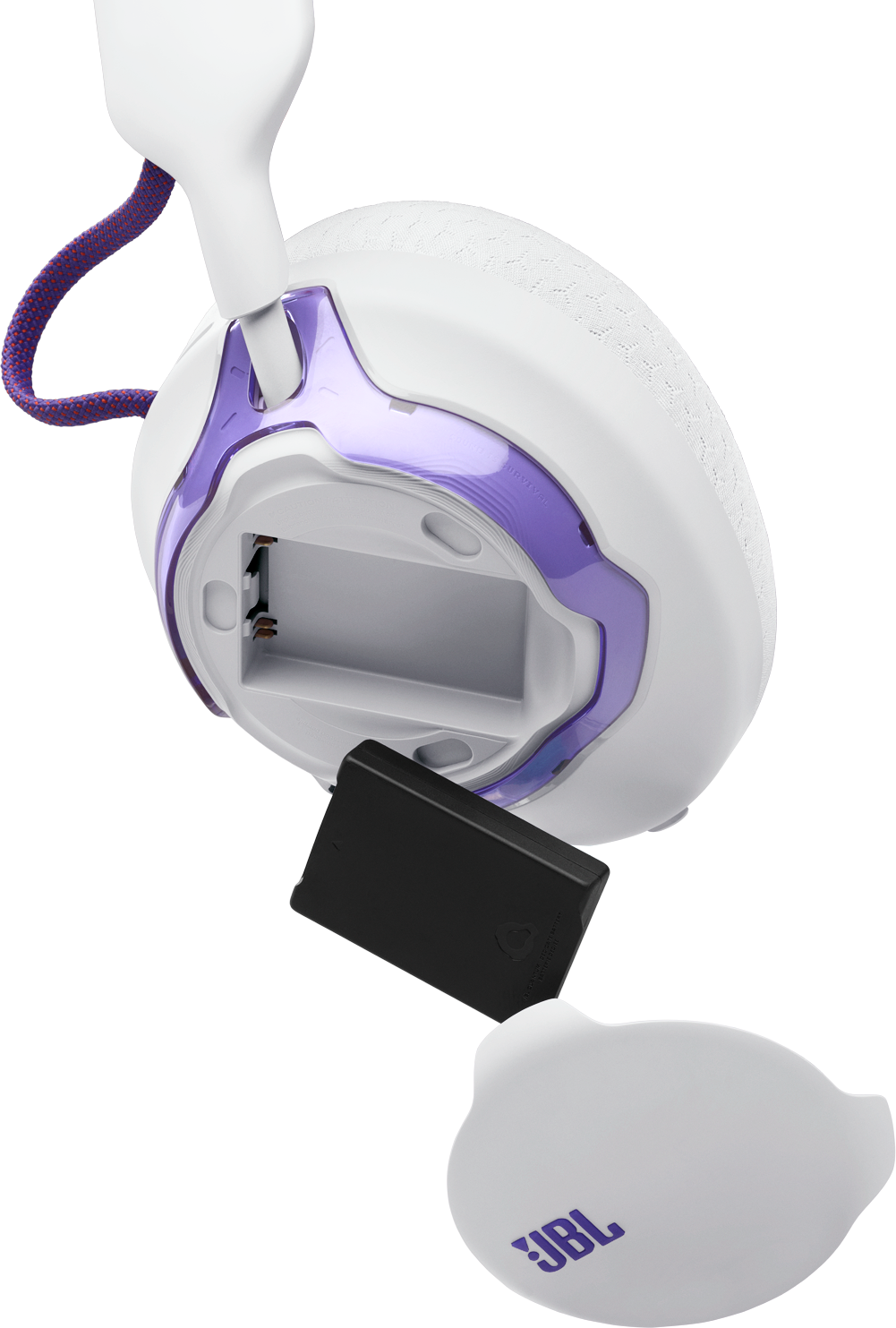 Un casque blanc avec accents violets, cache-batterie et batterie.