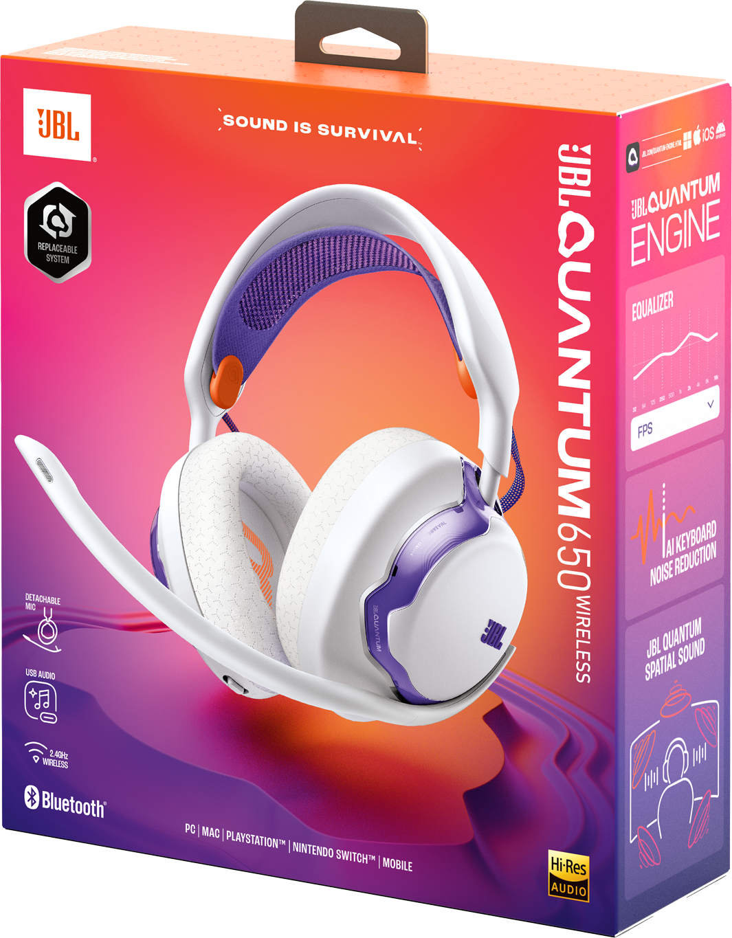 Boîte pour casque sans fil JBL Quantum 650 blanc avec accents violets.